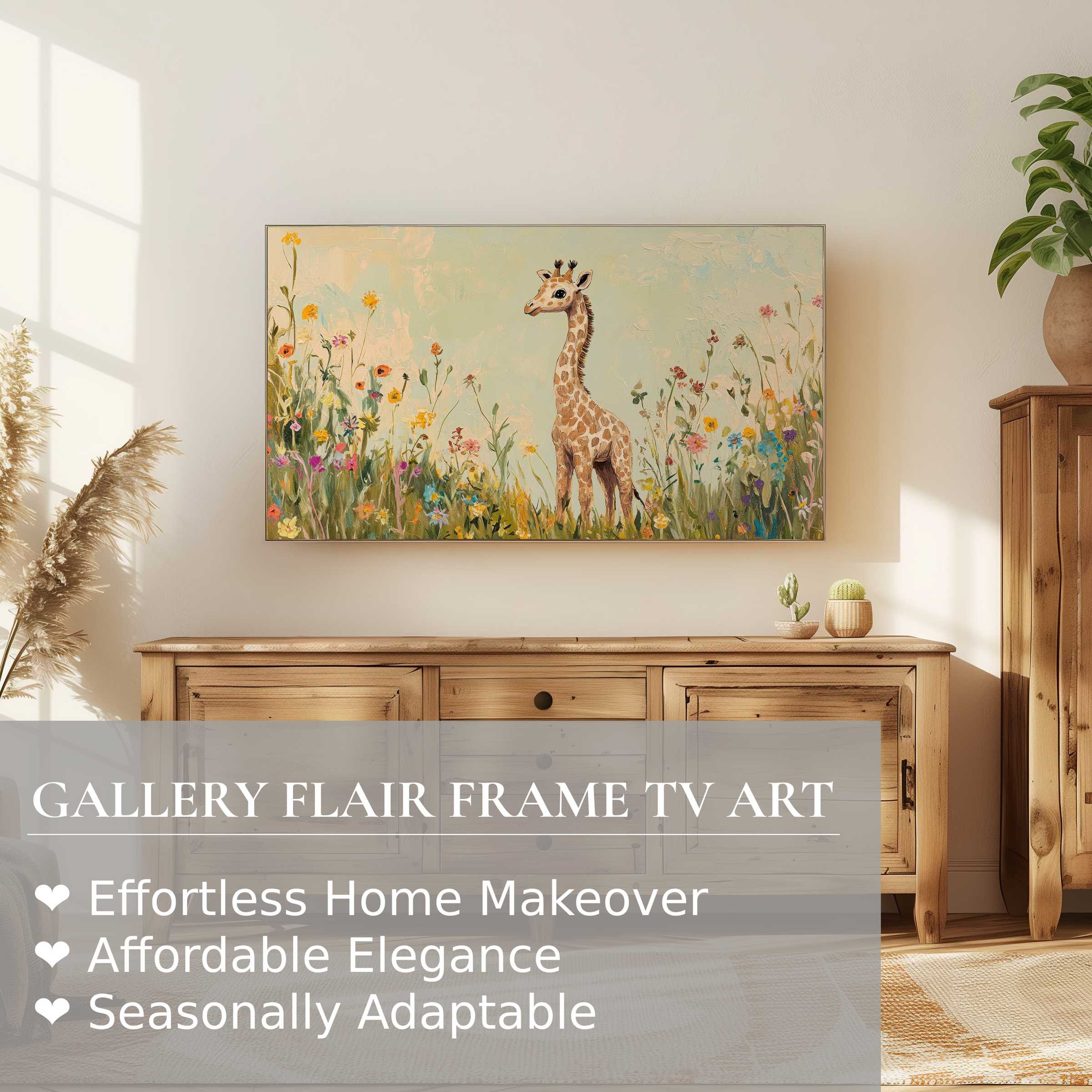 Samsung Frame TV showcasing elegant nursery digital artwork of a giraffe in a soft floral meadow