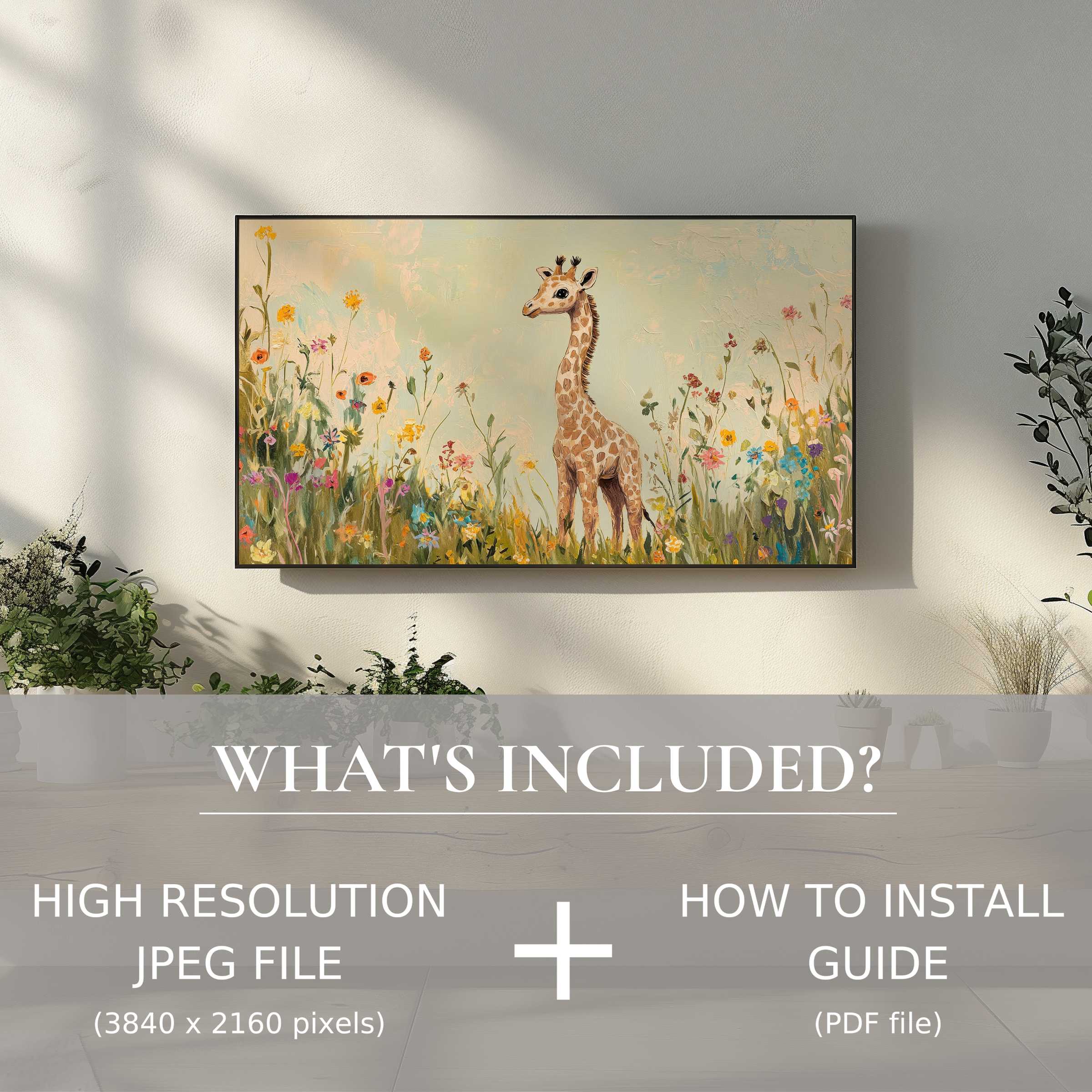Elegant nursery digital TV art download featuring a giraffe; easy to use and enrich your modern living space
