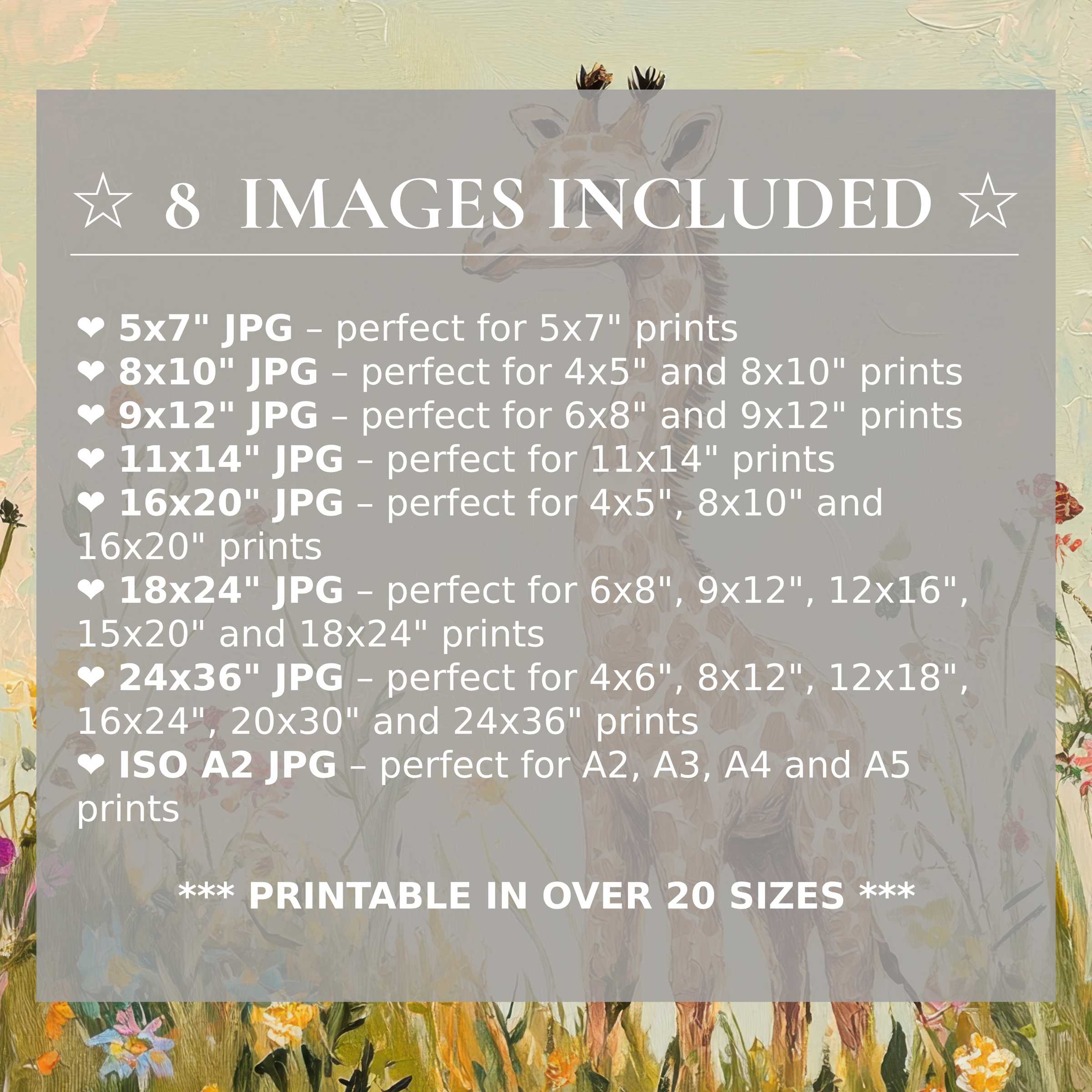 Nursery digital print featuring a radiant pastel backdrop and gentle giraffe motif, elevating modern interiors with 8 high-quality sizes included