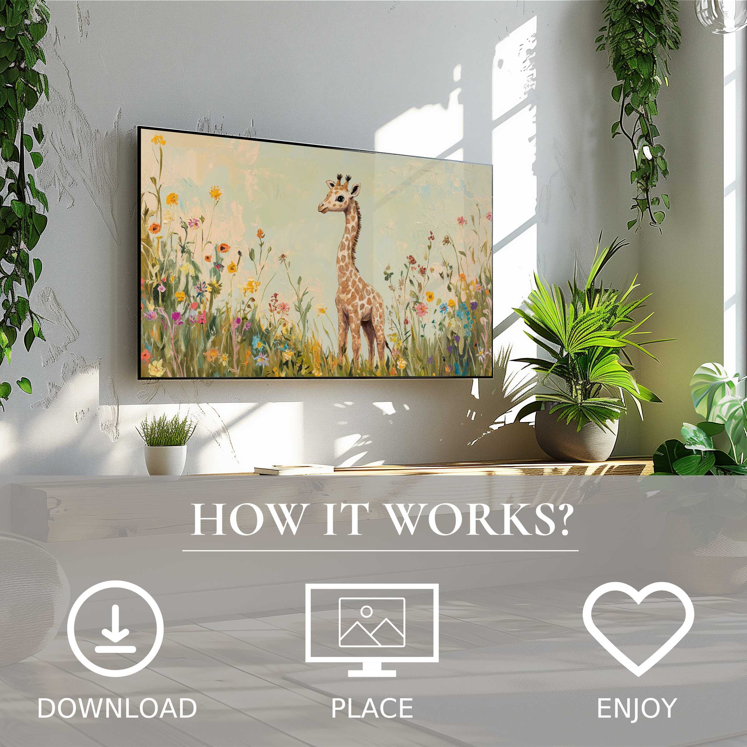 Nursery art for Samsung TV: digital download with gentle pastel giraffe motif enhances modern living spaces simply