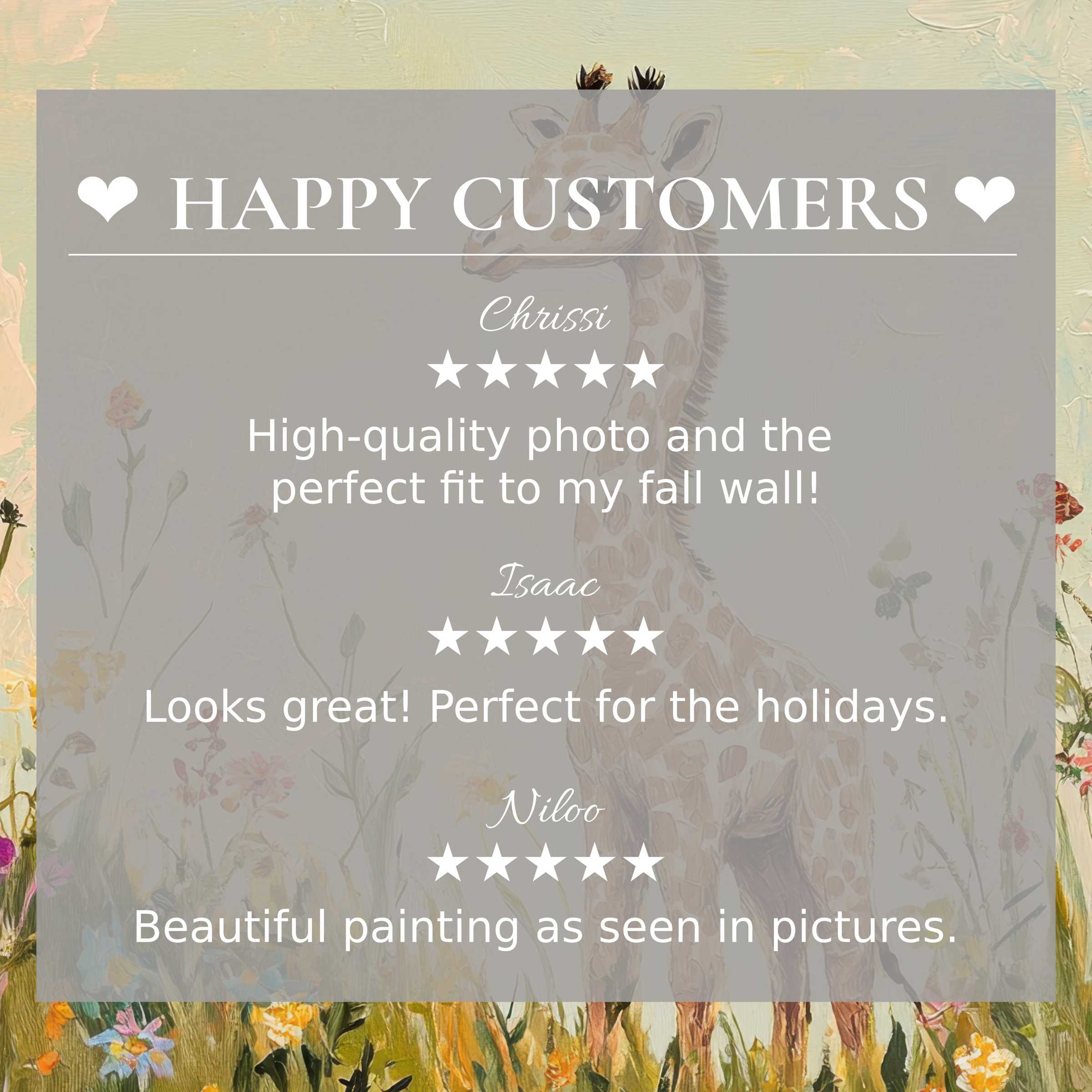 Nursery art for Frame TV with soft pastel floral and giraffe background, featuring happy customer reviews for trust