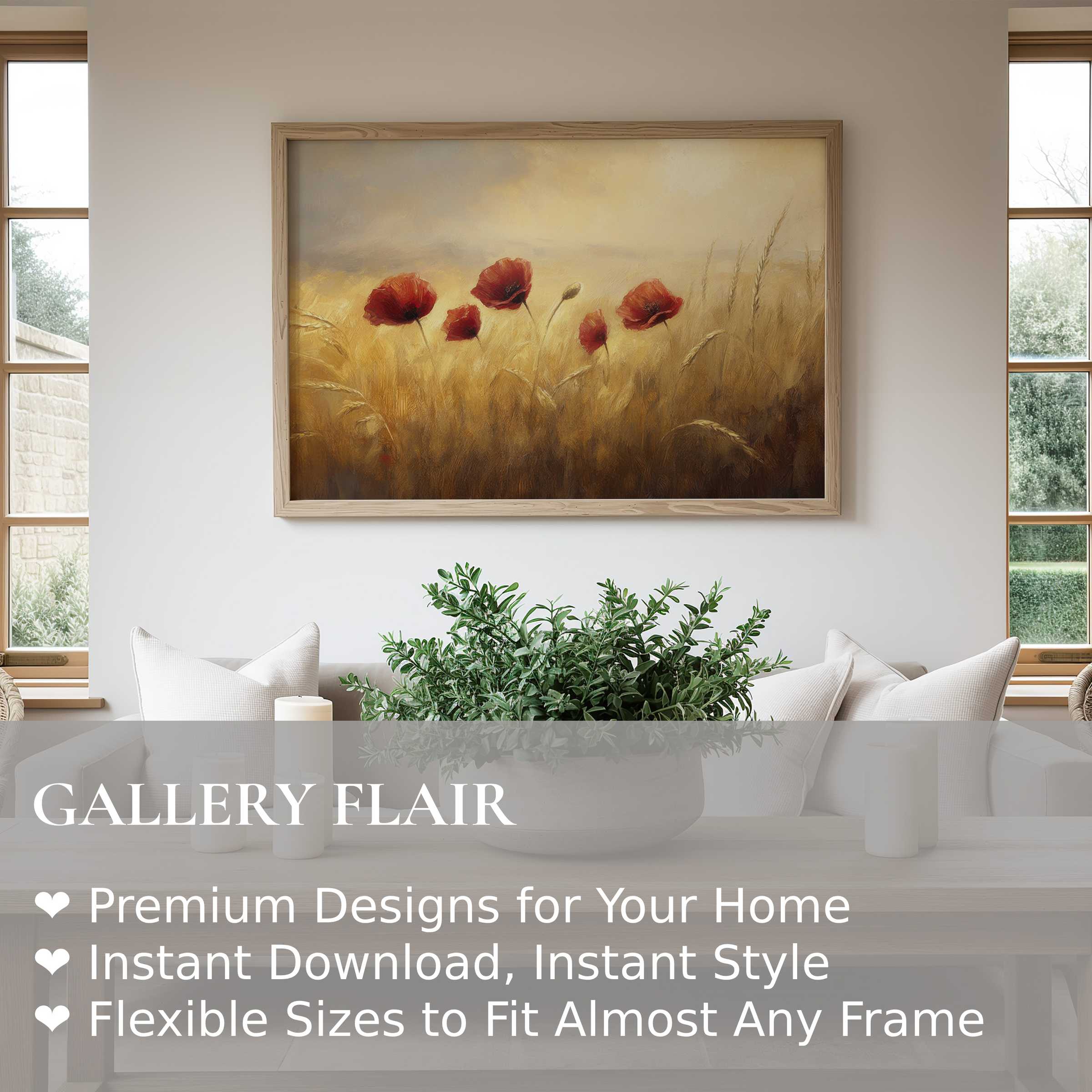 Elegant floral wall art print featuring radiant red poppies in a soft golden field, enhancing modern minimalist interiors with warm, calming beauty