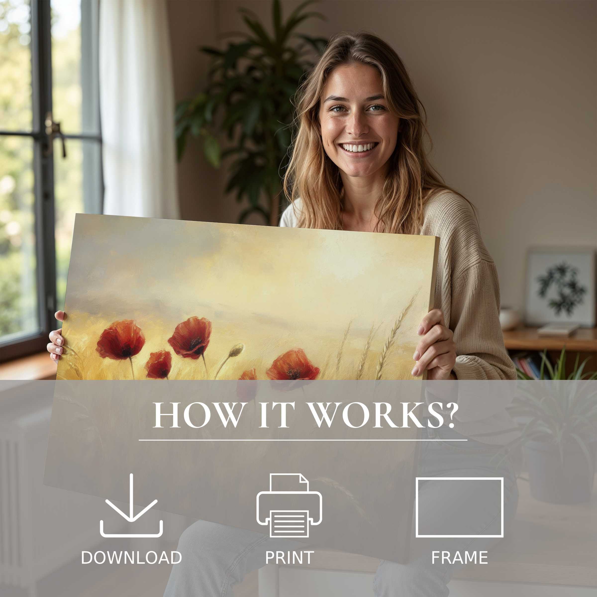 A serene moment of connection and joy in a modern home, showcasing a warm floral digital art print’s gentle beauty