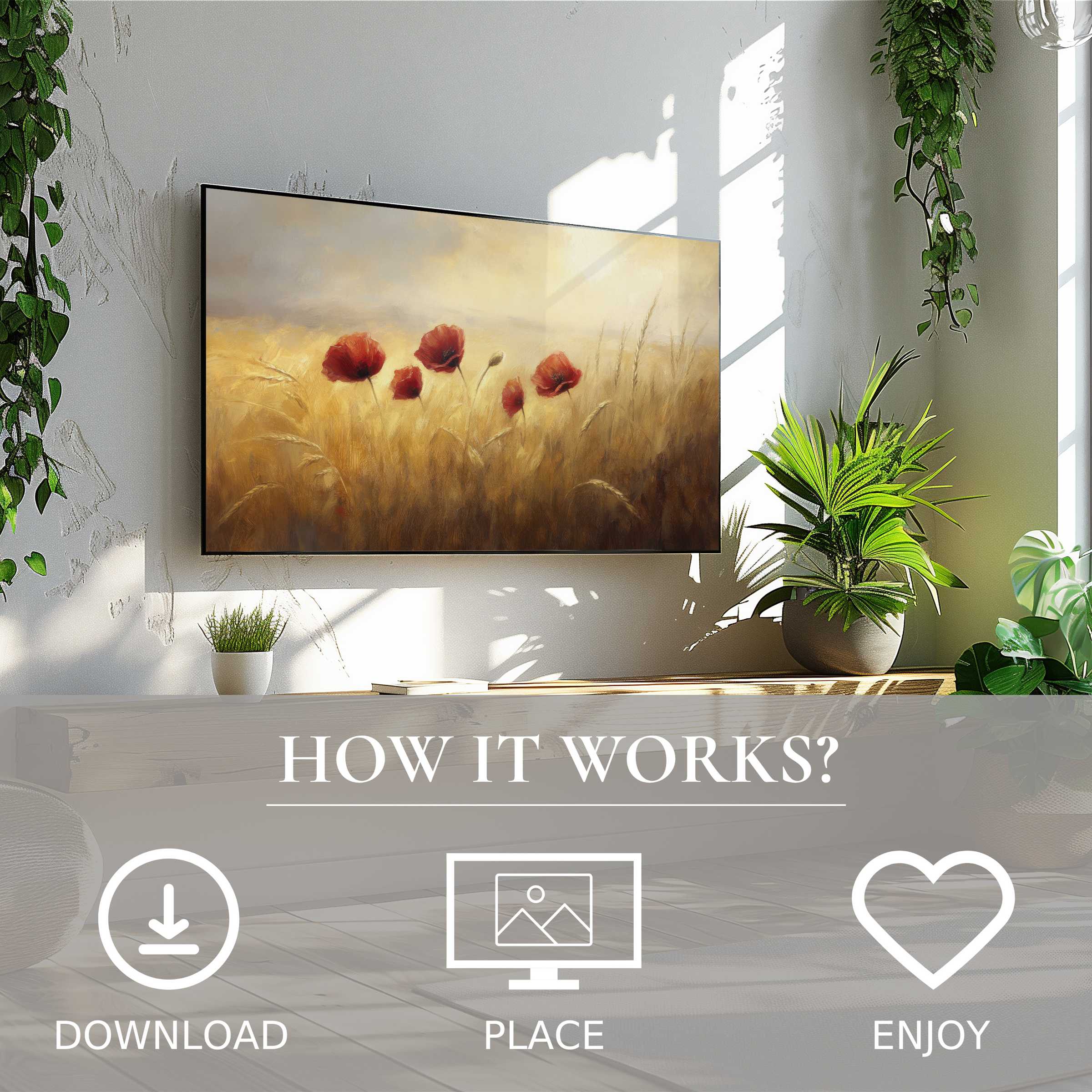 Floral art for Samsung TV with soft sunset red poppies; easy digital download enriches modern living spaces