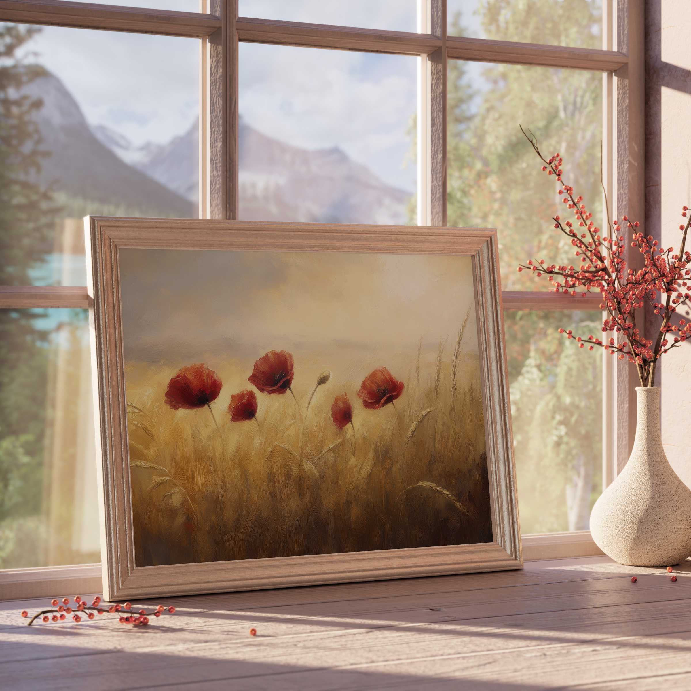 Elegant floral downloadable art featuring vibrant red poppies in a serene wheat field, enhancing tranquil, curated interiors with timeless charm