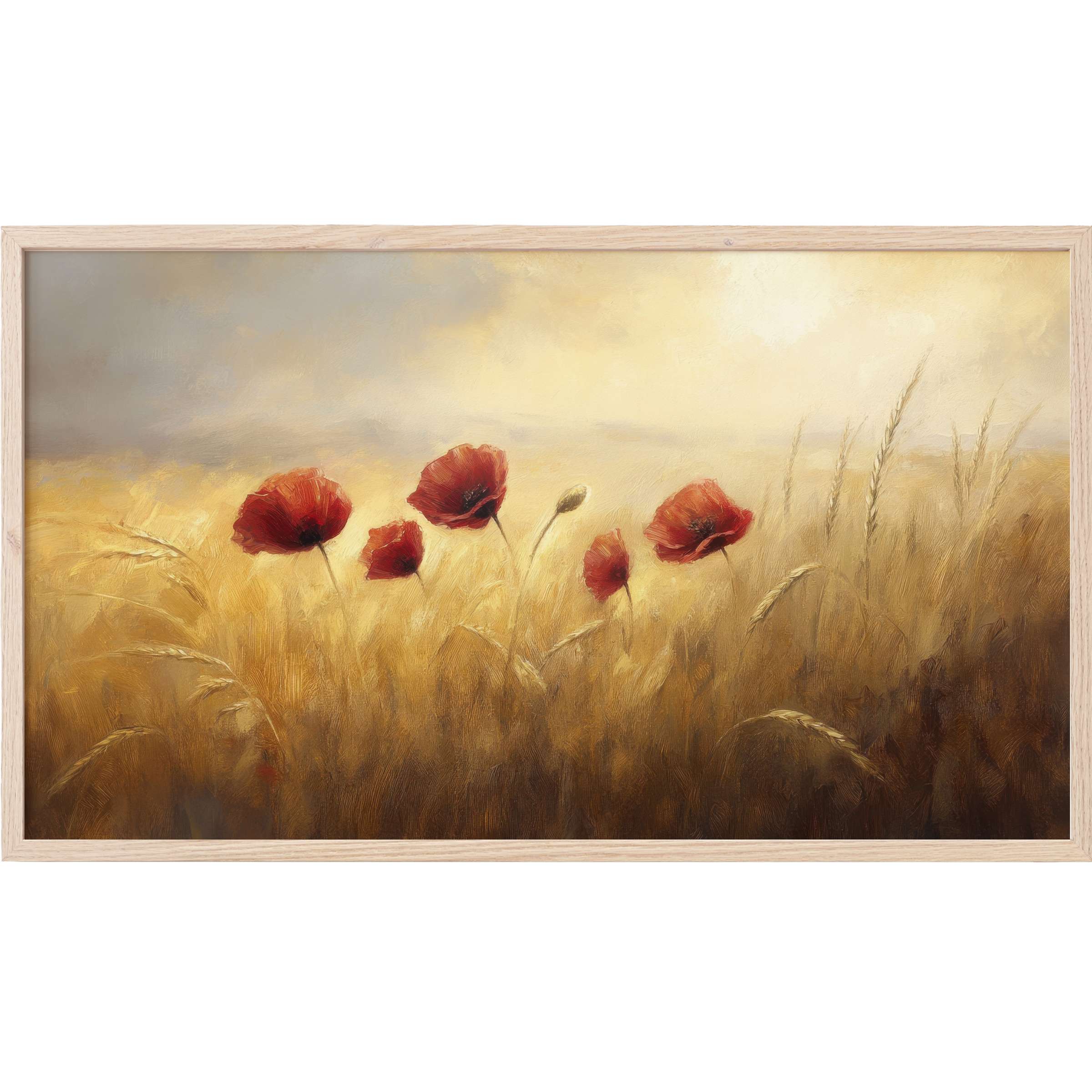 Floral Frame TV Art featuring soft golden fields and vivid red poppies in a serene, modern impressionist style