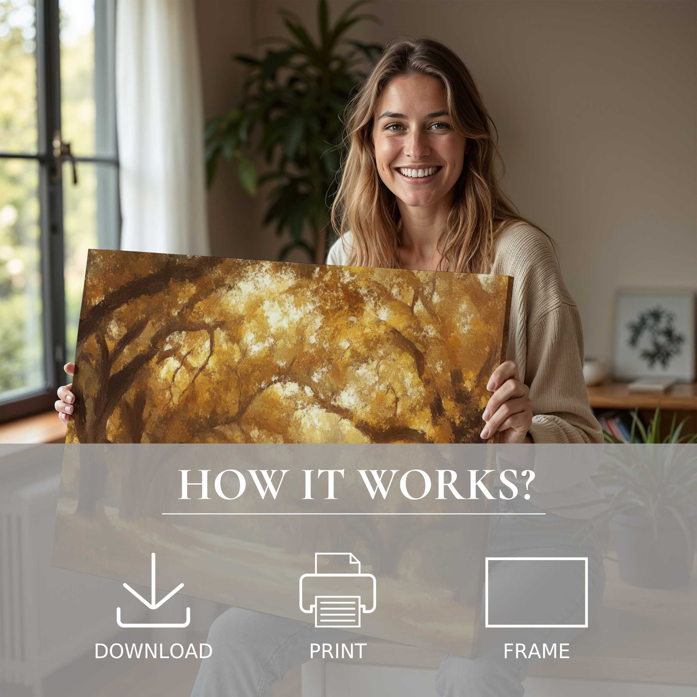 Radiant tree digital art print embraced in a serene modern home, evoking joy and effortless elegance in living with art