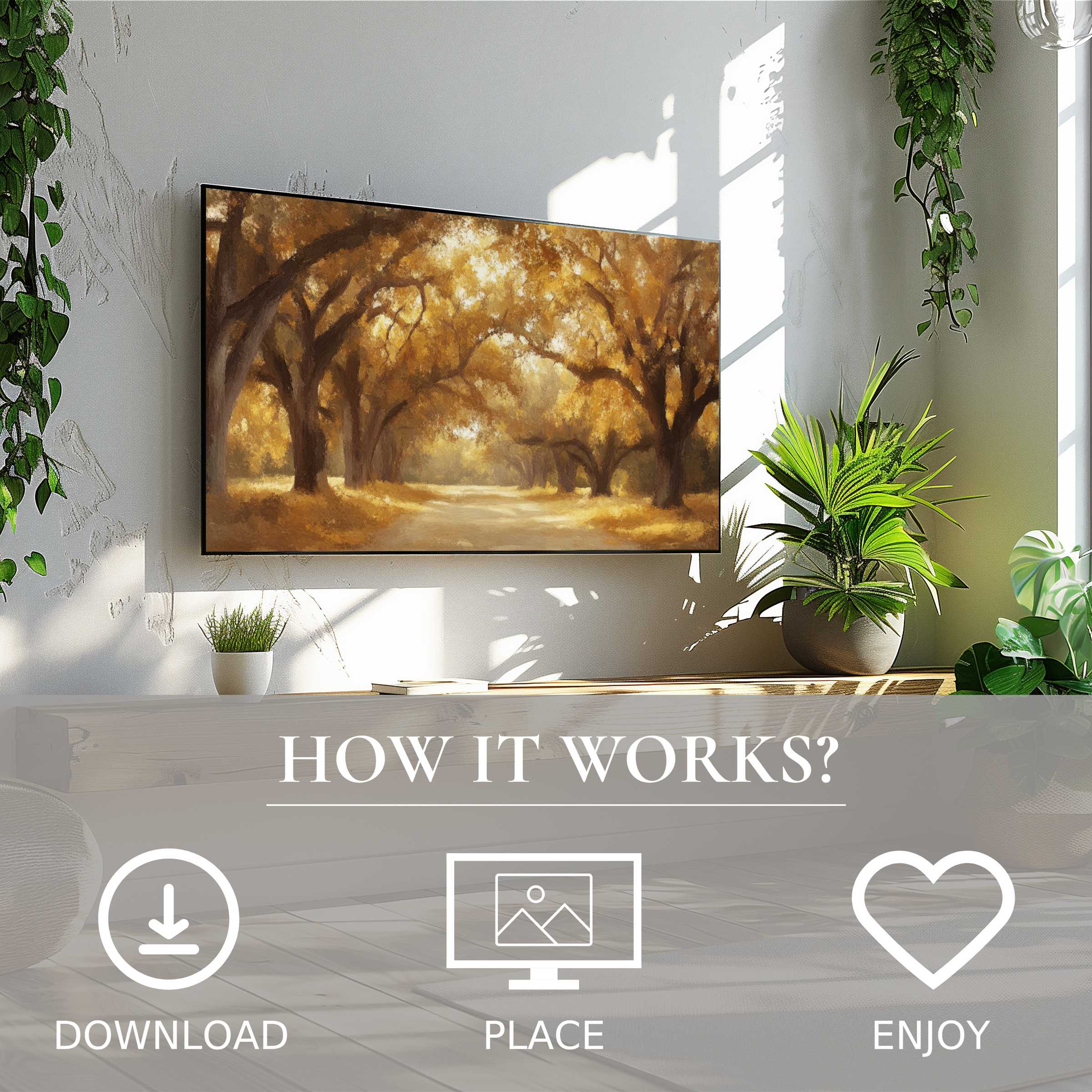 Tree art for Samsung TV shows warm golden trees, easy digital download enriches sleek, modern living spaces with soft autumn tones
