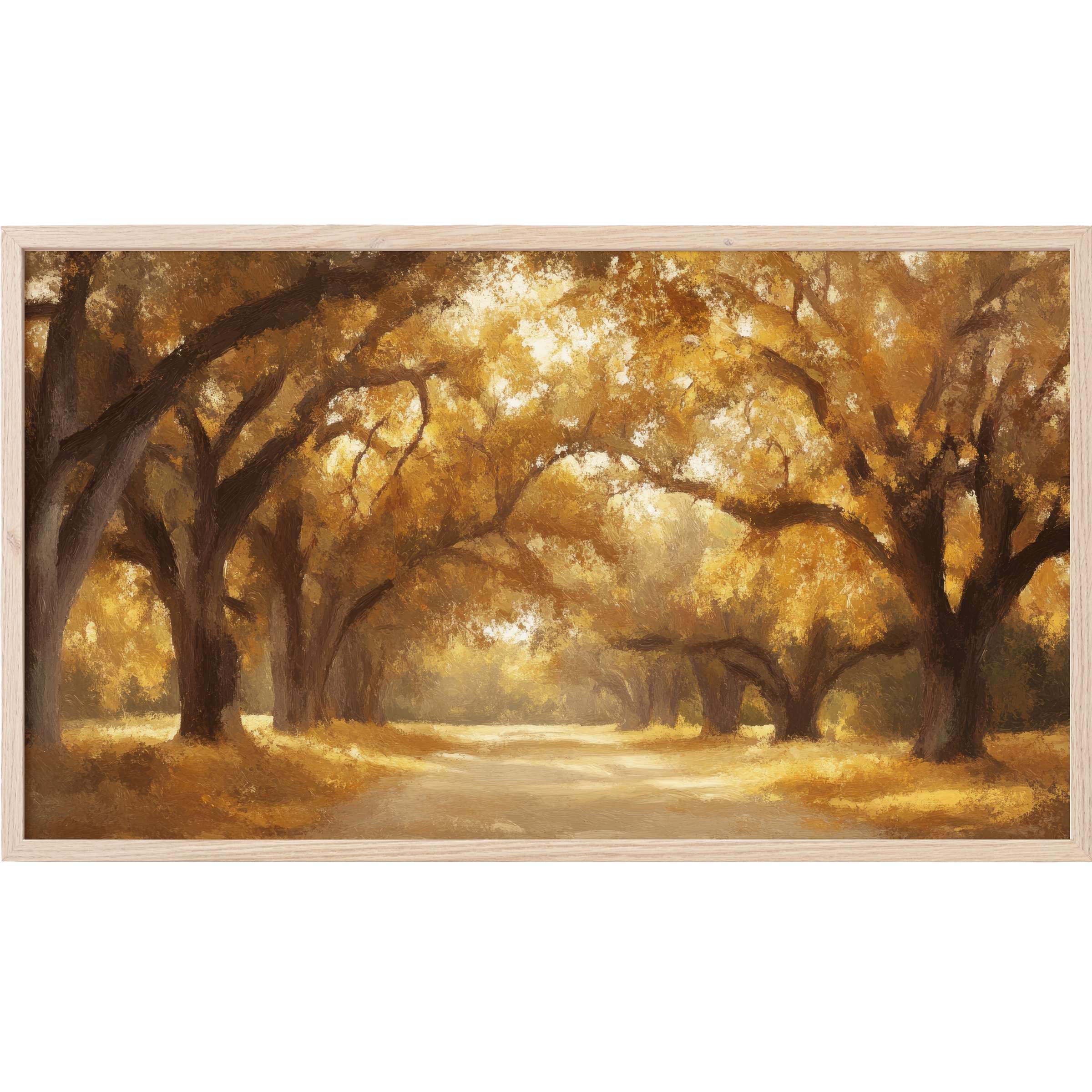 Golden autumn trees canopy a sunlit path in warm hues for serene, tree Frame TV Art with a soft, painterly style