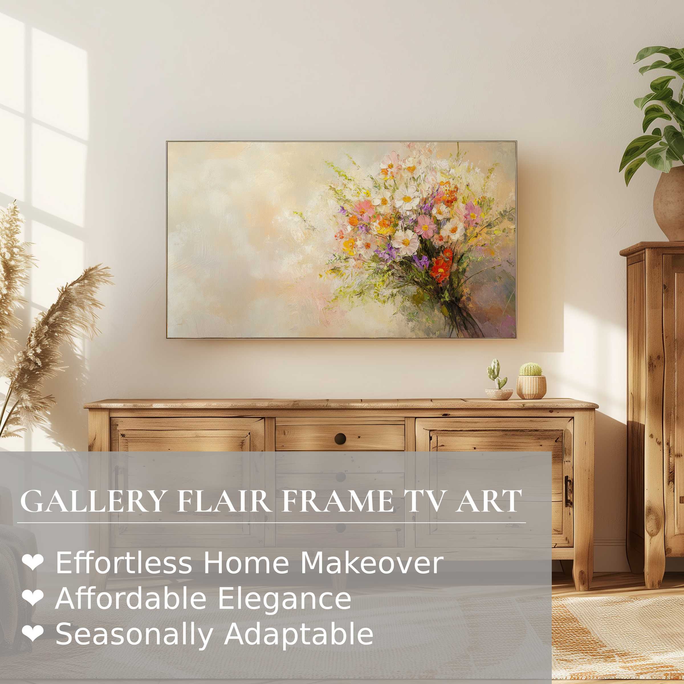 Samsung Frame TV displays elegant farmhouse digital artwork, enhancing warm, natural wood decor with refined charm