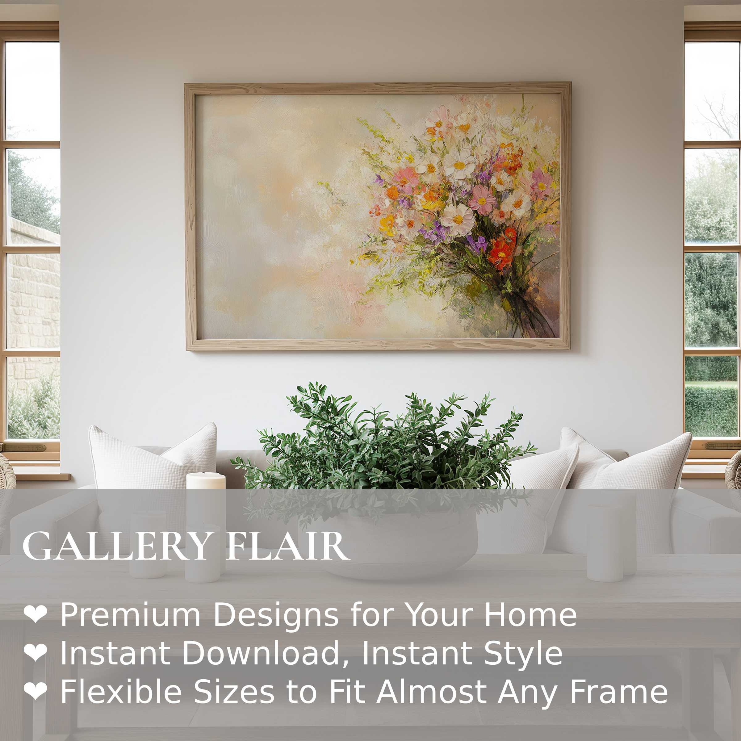 Farmhouse wall art print featuring a radiant floral bouquet in soft pastels, enhancing a modern rustic living space with calming elegance