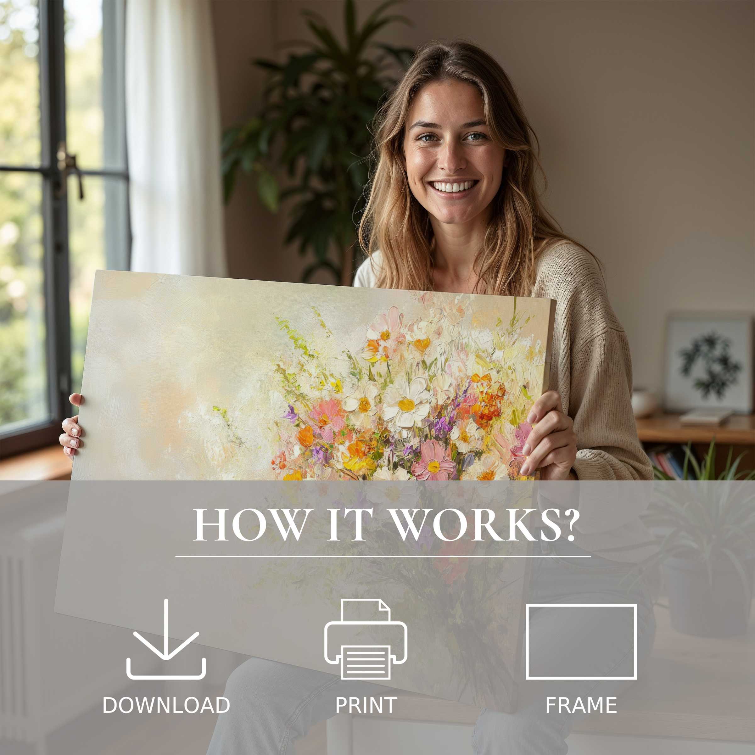 A joyful woman in a modern home embraces a vibrant farmhouse digital art print, embodying art’s effortless charm