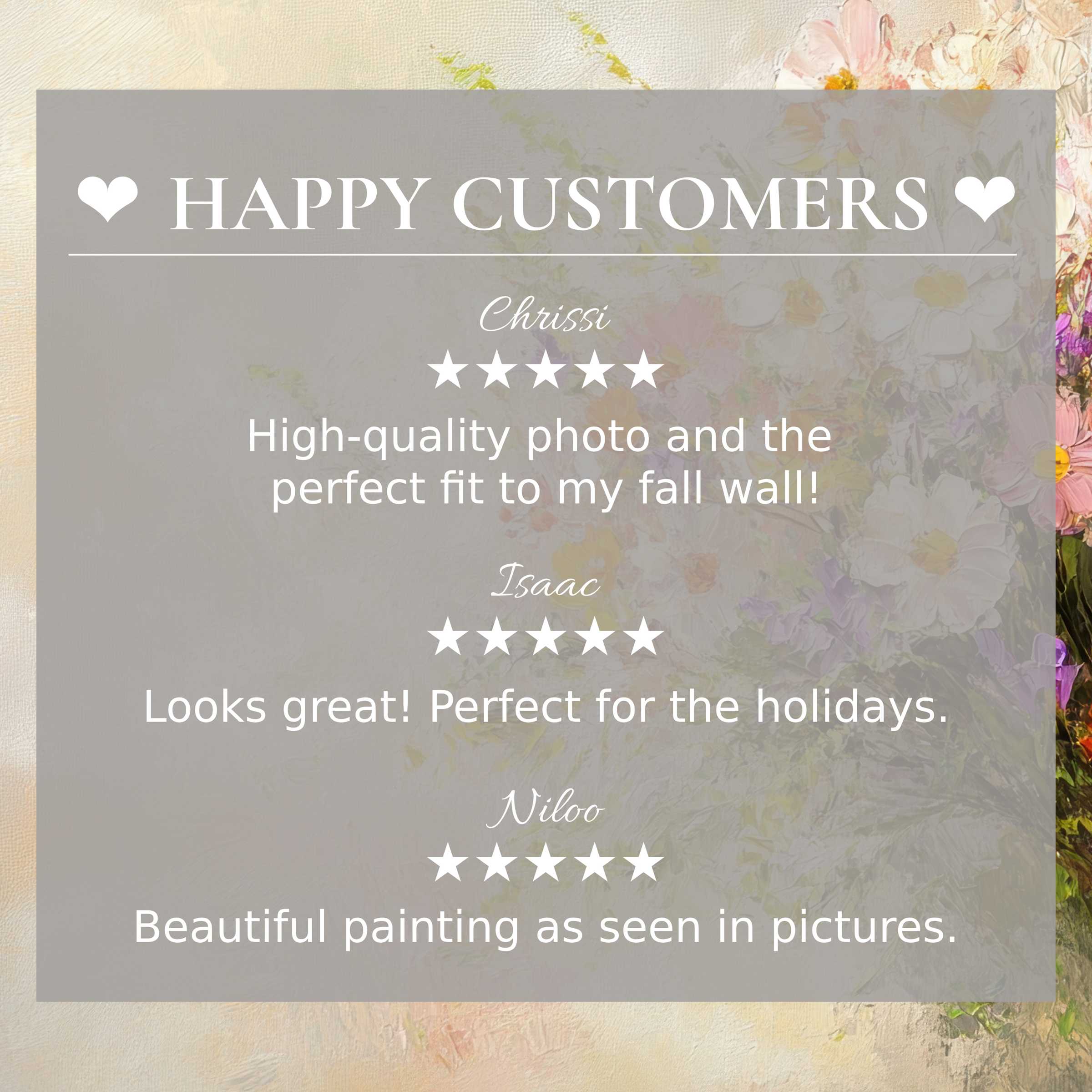 Farmhouse art for Frame TV with soft floral backdrop; happy customer reviews enhance trust and refined aesthetic appeal