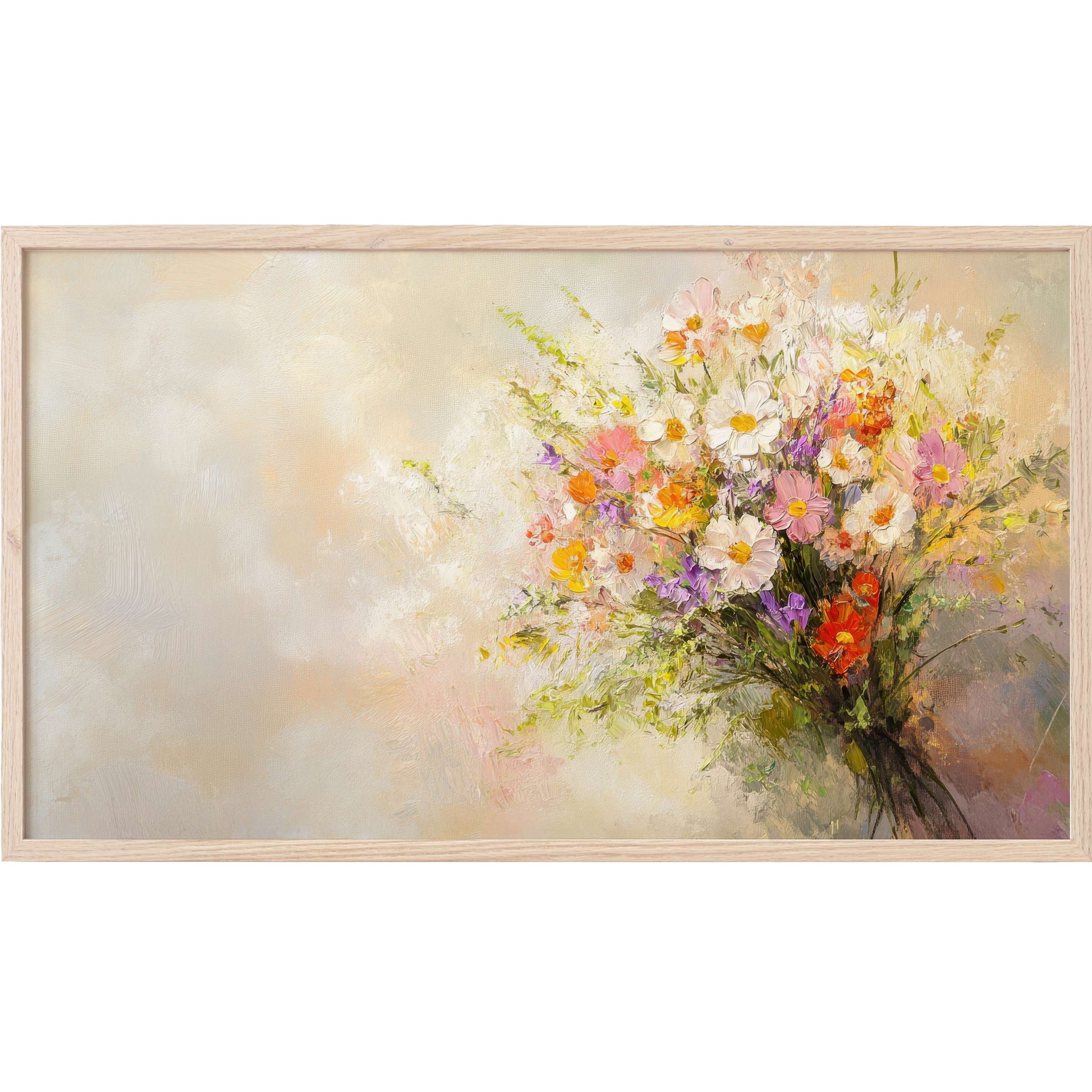 Elegant bouquet of florals in soft pastel tones with vibrant accents, framed in light wood - Farmhouse Frame TV Art