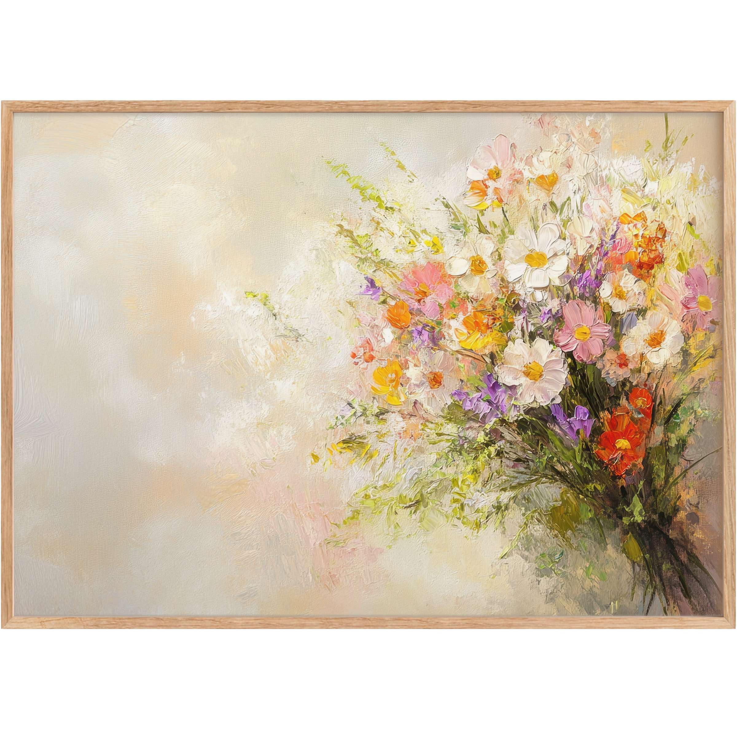 Farmhouse printable wall art blooming with vibrant daisies and wildflowers, evoking a radiant, serene ambiance in soft pastels