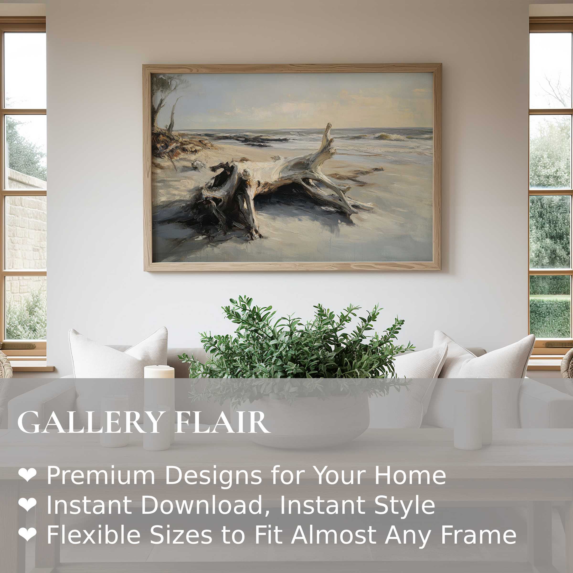 Elegant beach wall art print featuring a radiant driftwood scene in soft, calming neutrals enhancing modern coastal interiors