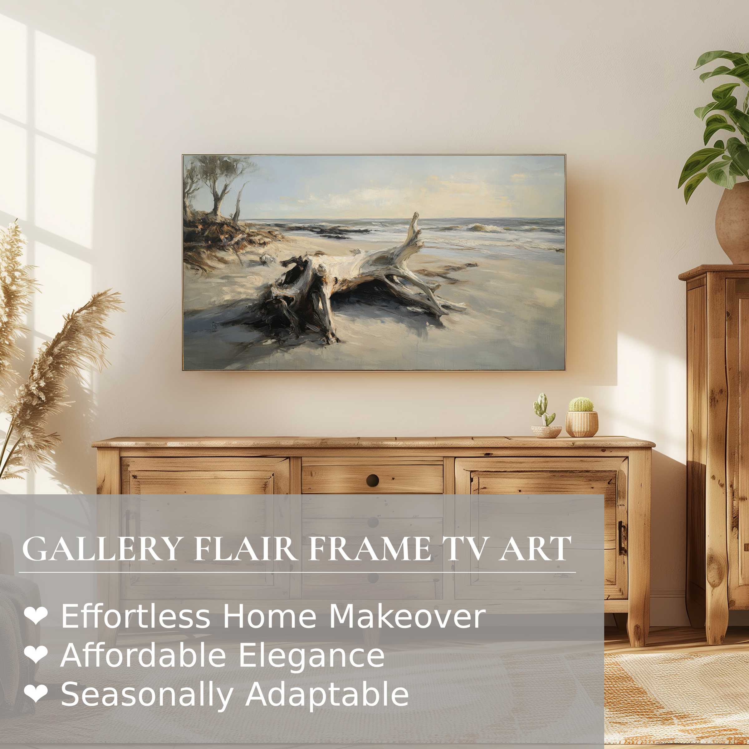 Samsung Frame TV displays serene beach digital artwork blending soft earth tones with modern coastal elegance