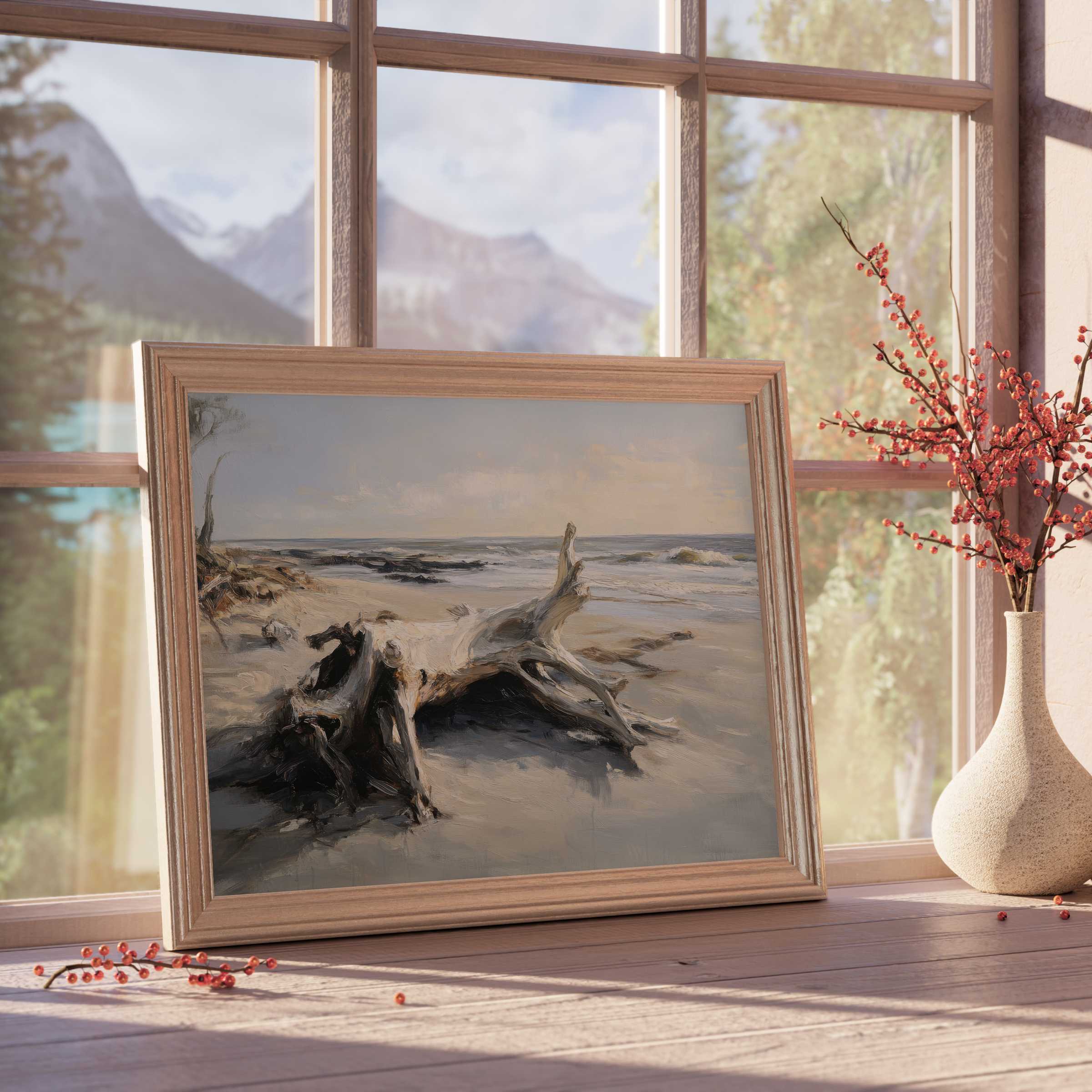 Tranquil beach downloadable art featuring weathered driftwood and gentle waves, elevating sophisticated coastal and nature-inspired spaces
