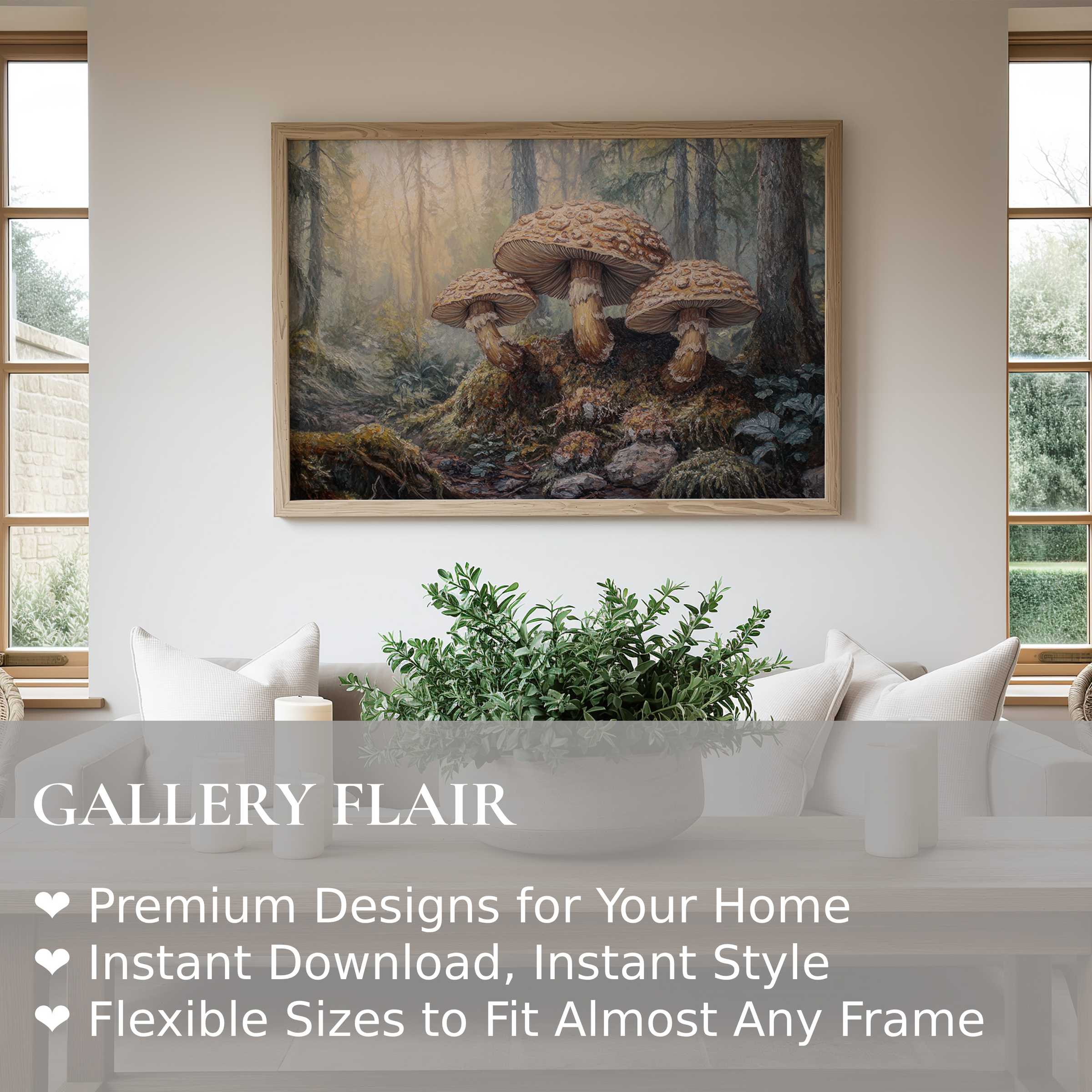 Botanical wall art print featuring radiant mushrooms in a serene forest scene, enhancing modern minimalist living spaces with calming natural allure