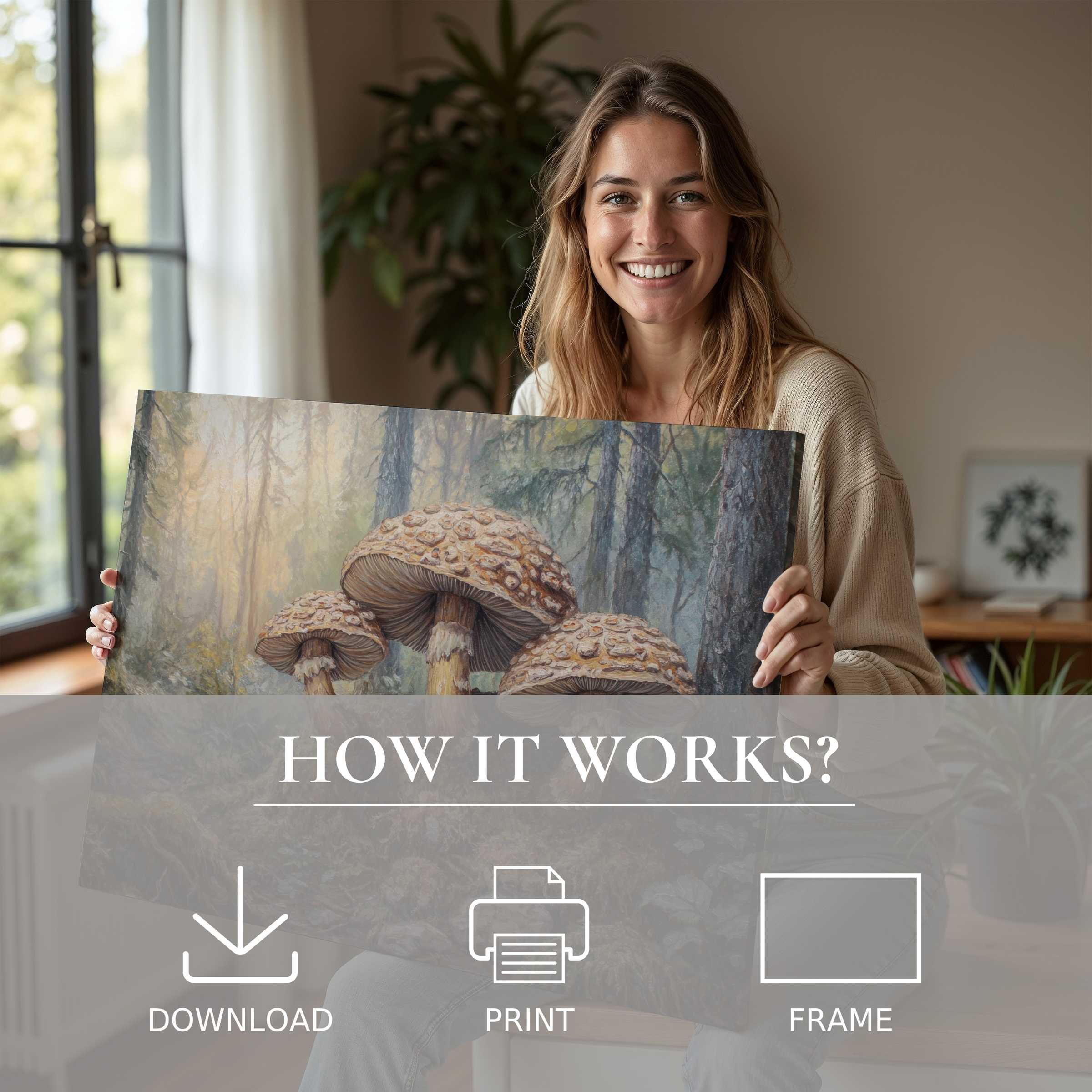 A joyful moment revealing a botanical digital art print in a serene, modern home, inspiring effortless elegance