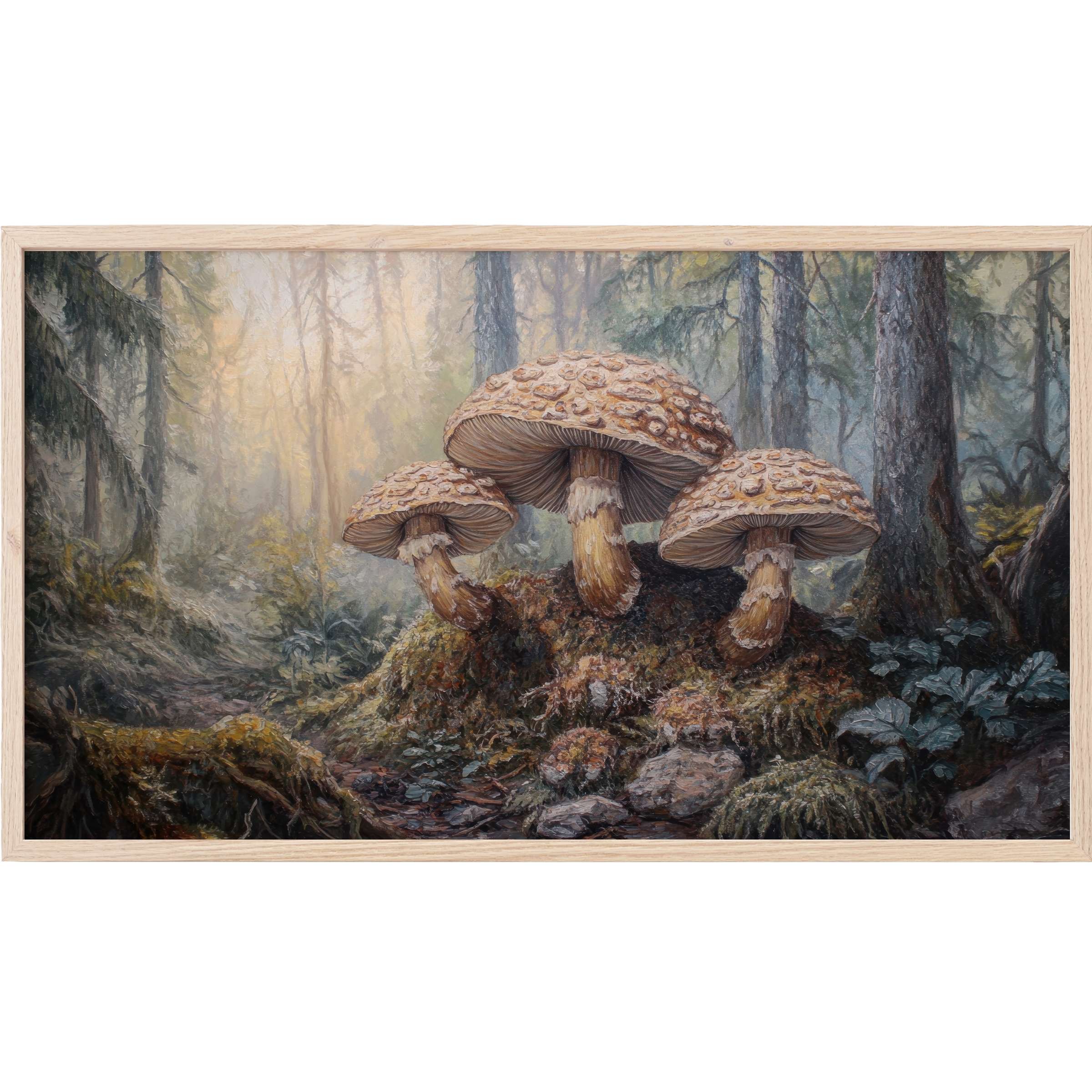 Botanical Frame TV Art shows detailed mushrooms in a misty forest with muted earth tones and soft light