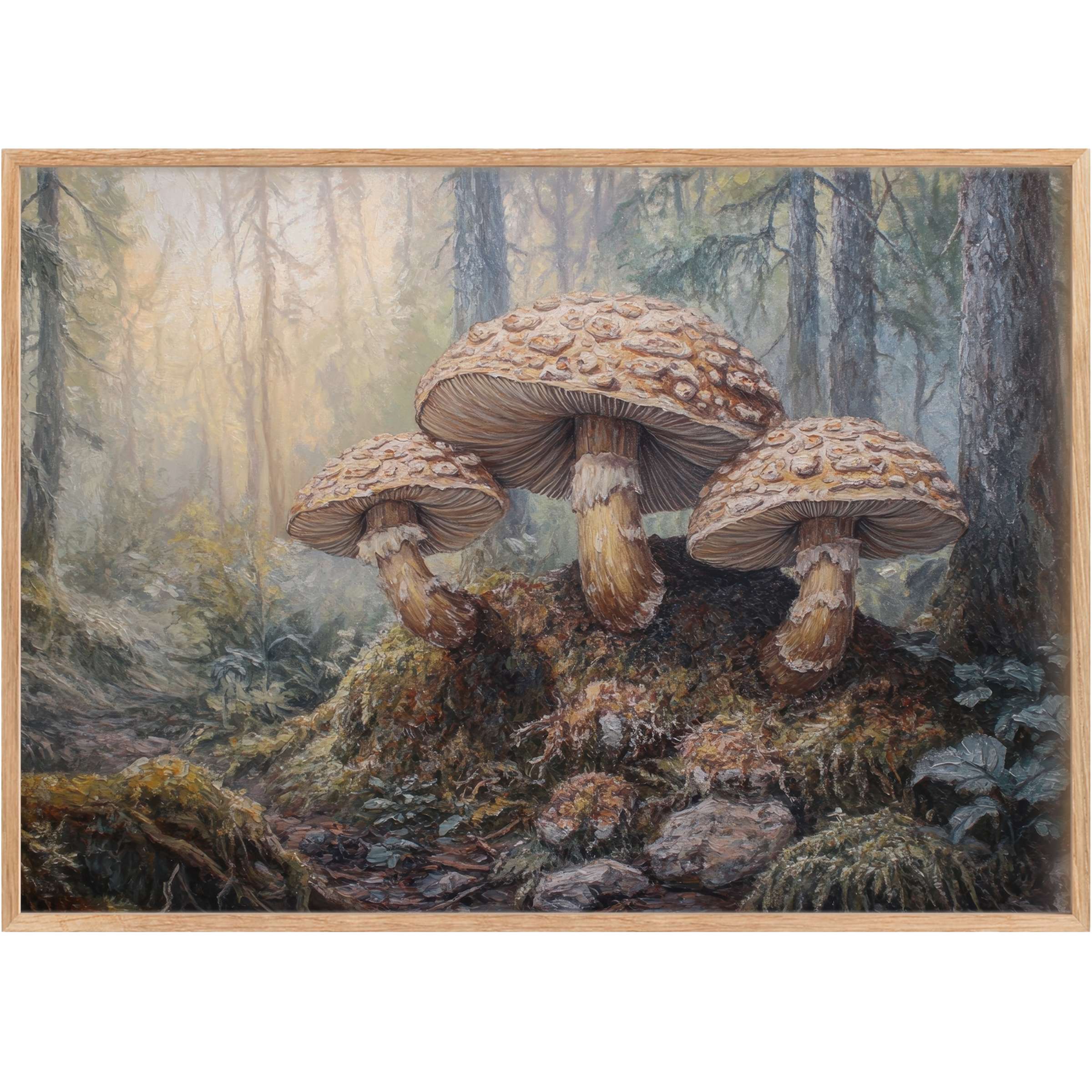 Botanical printable wall art capturing textured mushrooms in a misty forest, evoking a serene, earthy ambiance with warm browns and soft greens