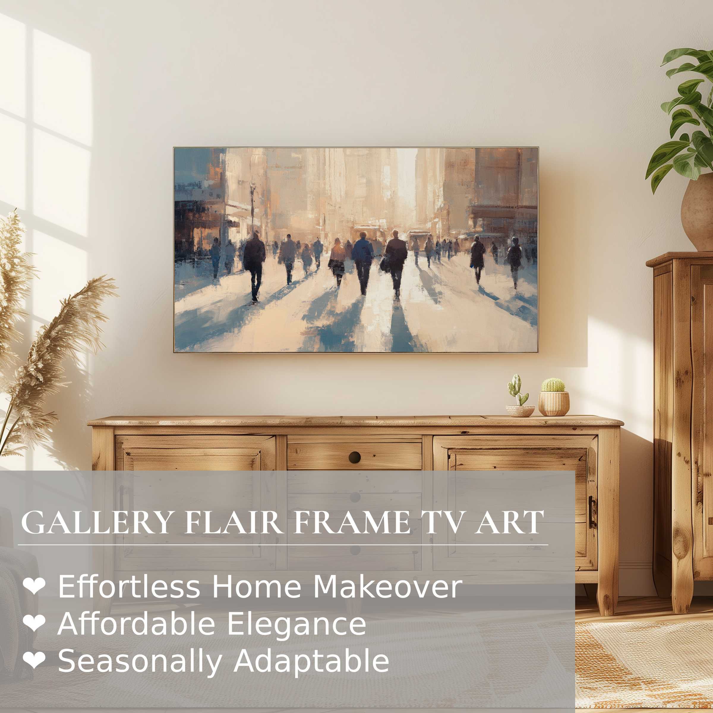Samsung Frame TV displaying urban digital artwork in soft, muted tones, enhancing elegant modern home decor