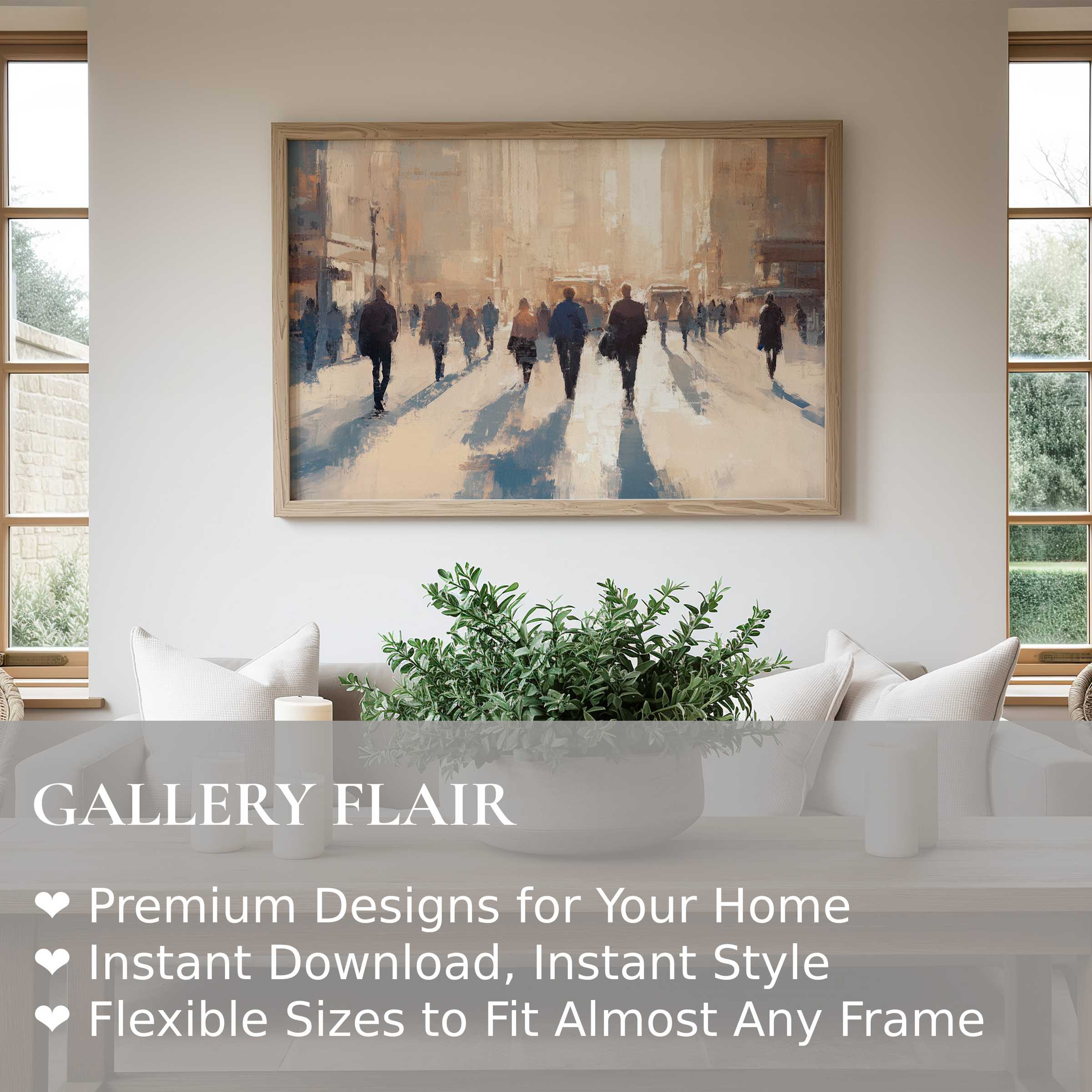 Urban art wall art print capturing a radiant cityscape with silhouettes and long shadows, enhancing modern minimalist interiors with bold, dynamic elegance