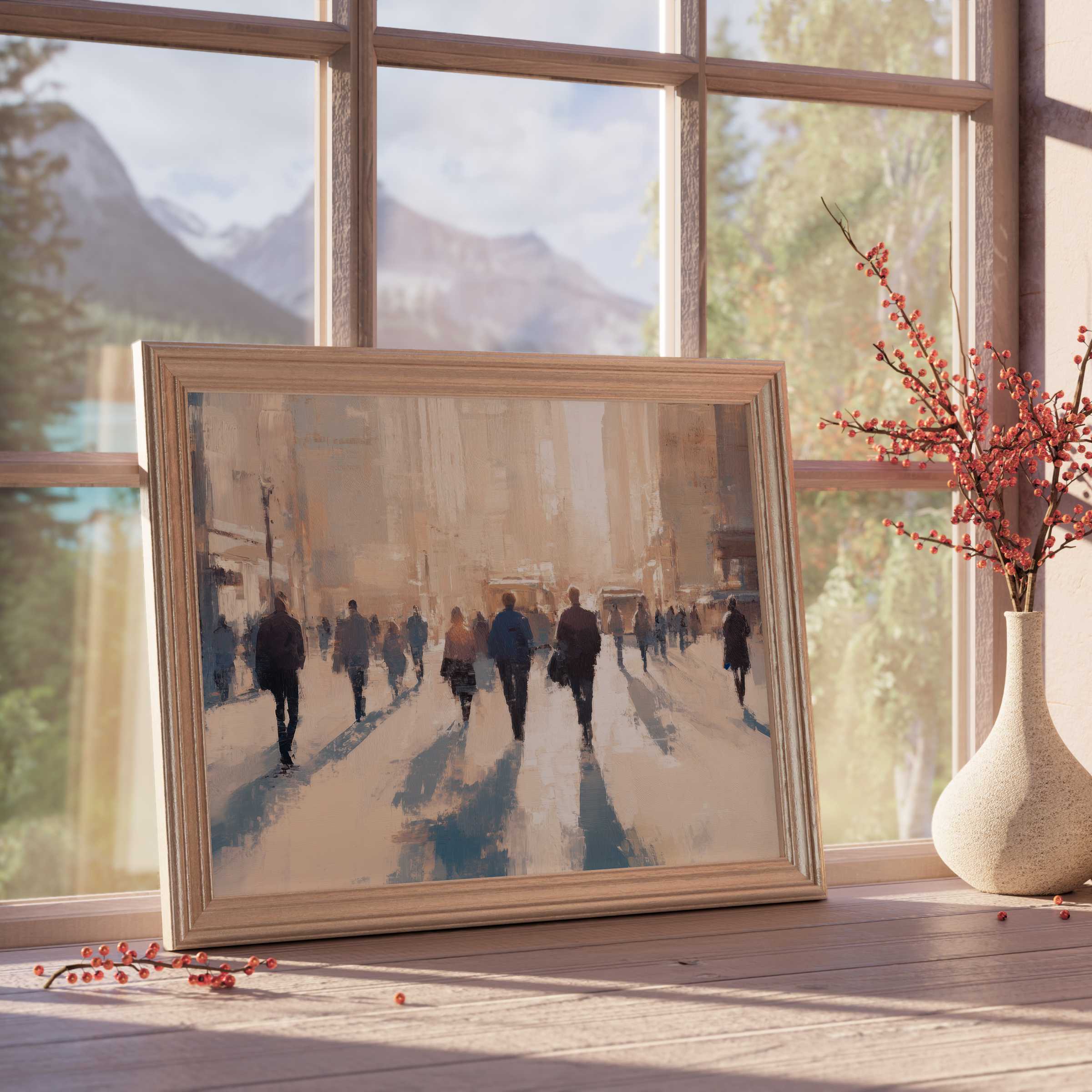 Urban downloadable art capturing a serene cityscape at dawn, enriching tranquil, design-forward interiors with warm hues and soft shadows