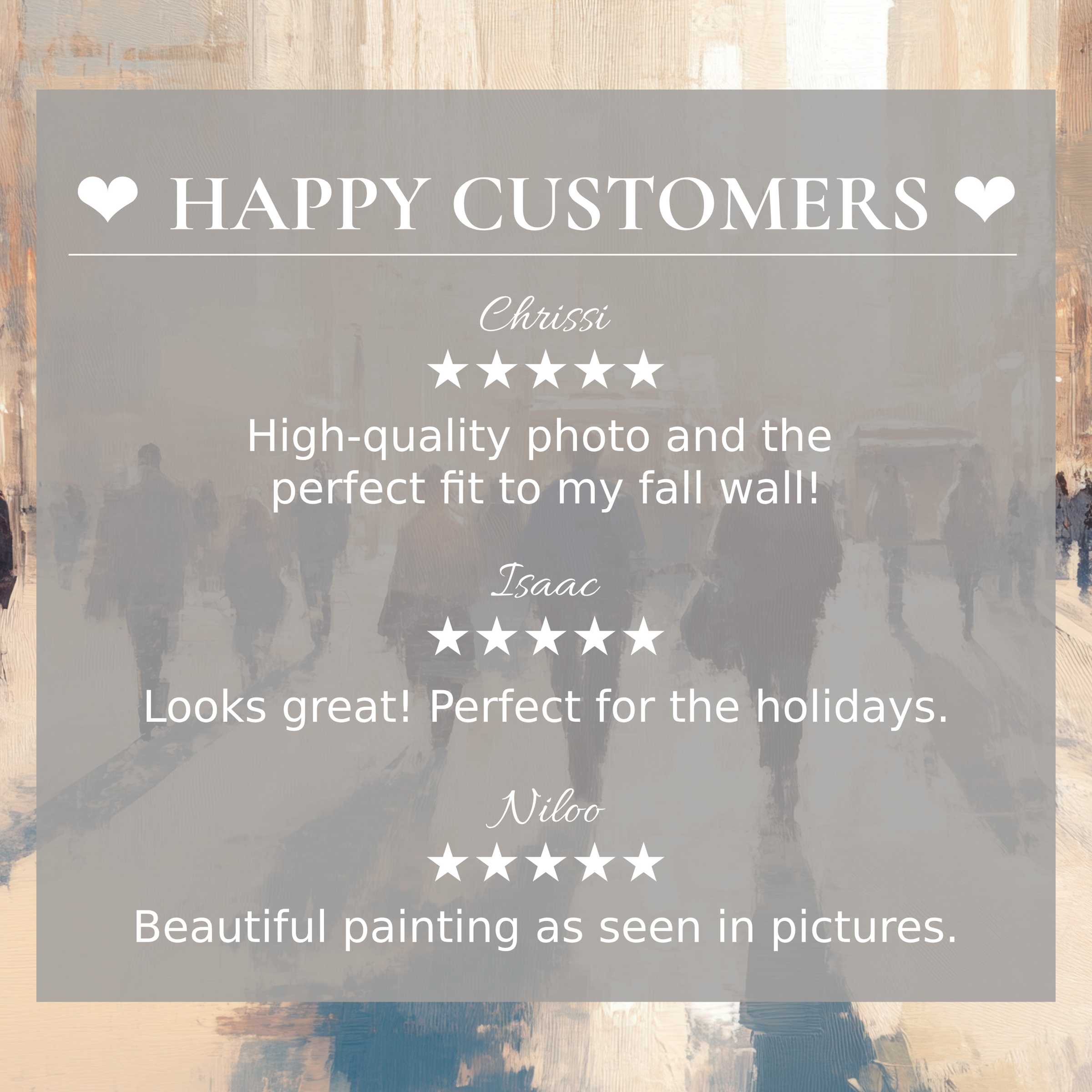 Urban art for Frame TV with muted cityscape backdrop, showcasing happy customer reviews and refined, elegant design