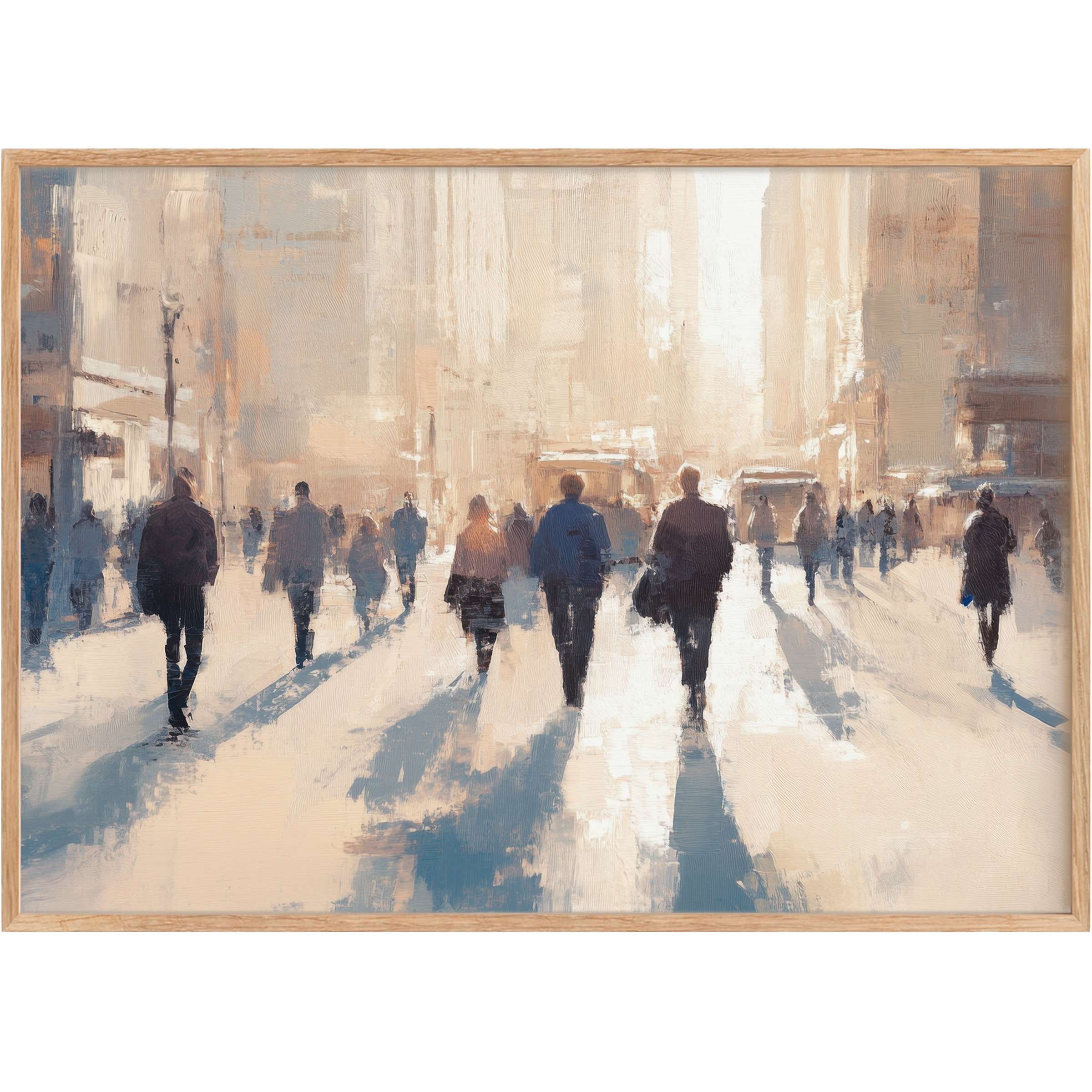 Urban printable wall art captures a radiant city morning, blending soft beige and blue tones to evoke calm sophistication and dynamic movement