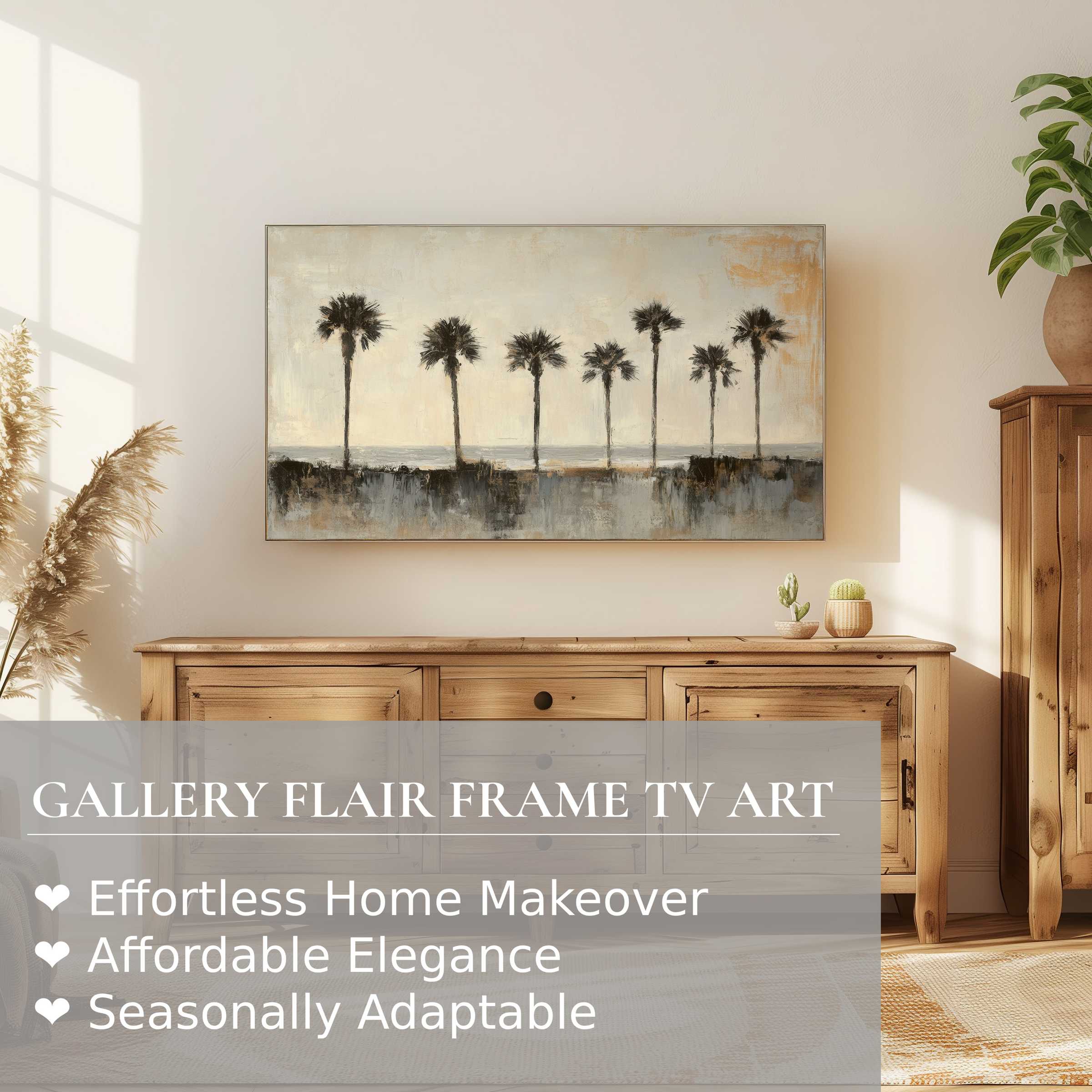 Samsung Frame TV with coastal digital artwork of palm trees, blending modern elegance and serene home decor style