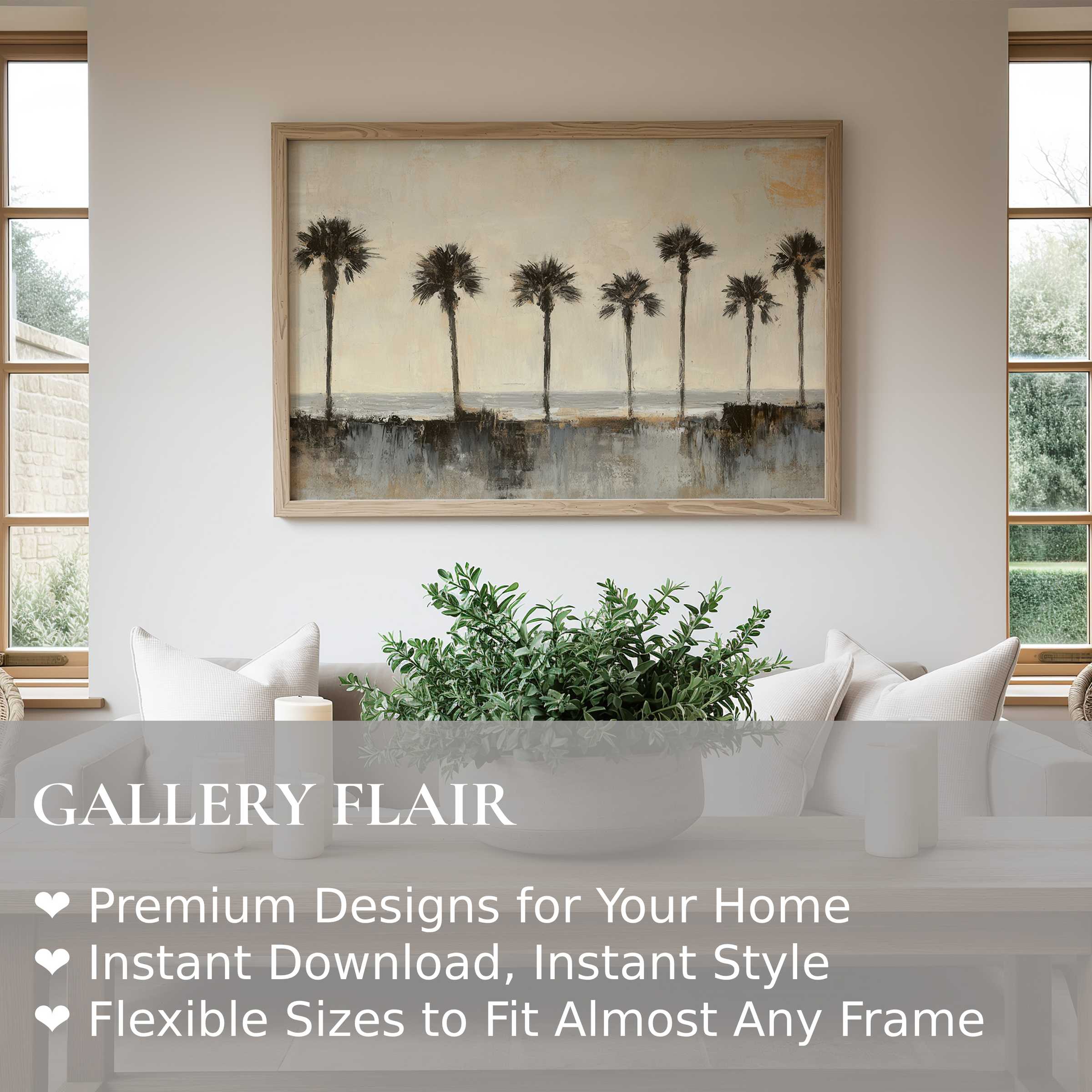 Coastal wall art print with serene palm silhouettes evokes calm, enhancing modern coastal and minimal interiors with subtle, soothing warmth