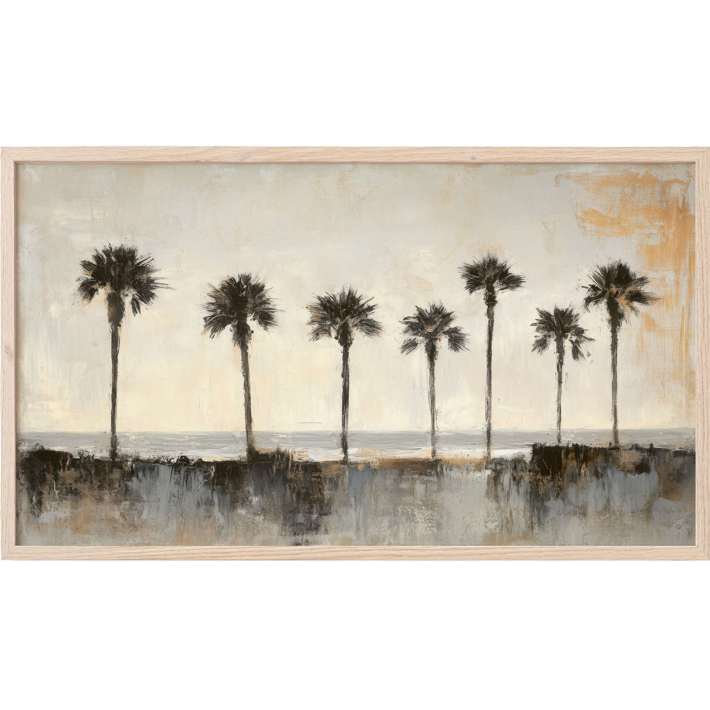 Muted coastal hues frame seven silhouetted palm trees in this serene, textured coastal Frame TV Art piece