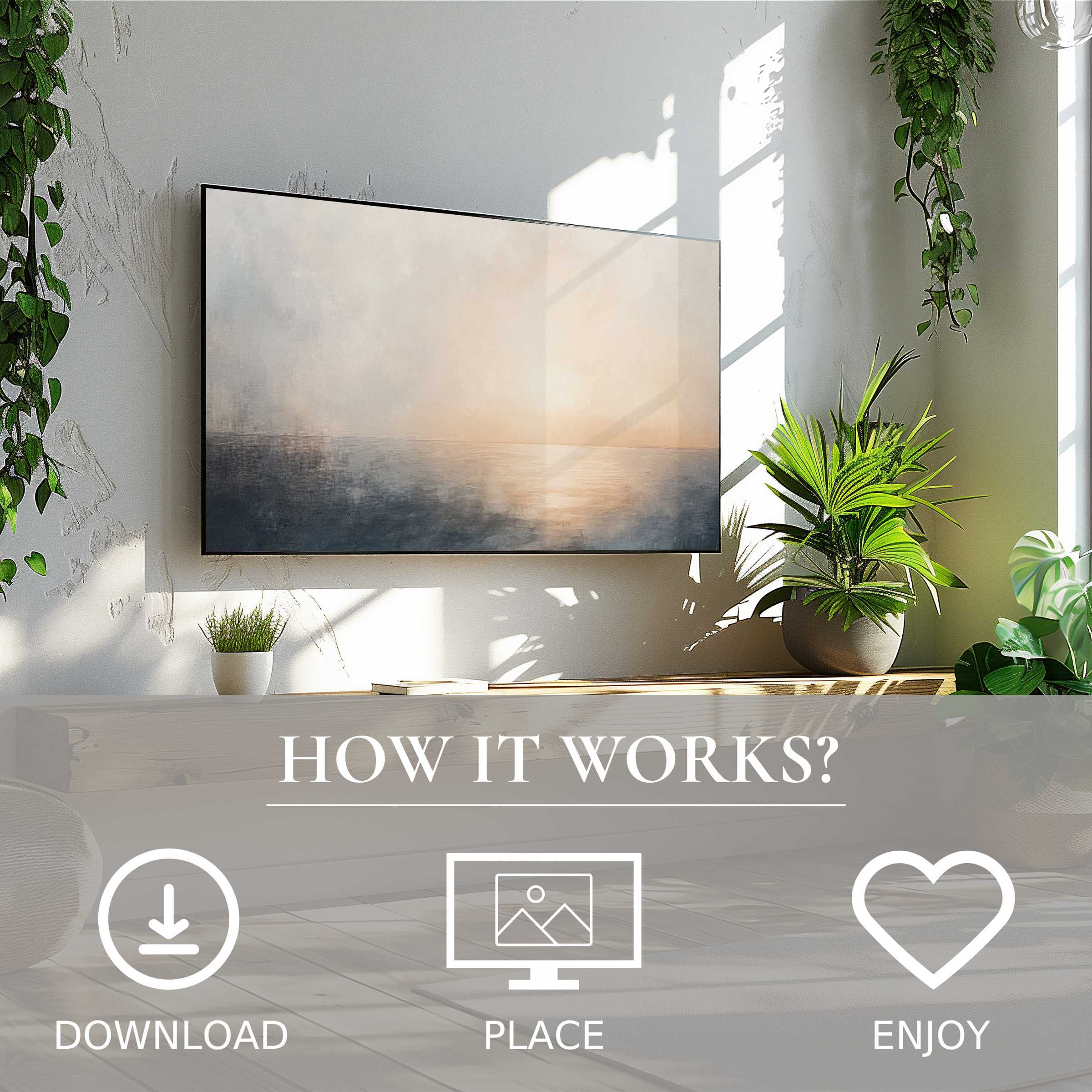Modern living room with green plants and summer art for Samsung TV showing soft sunset tones, easy digital download