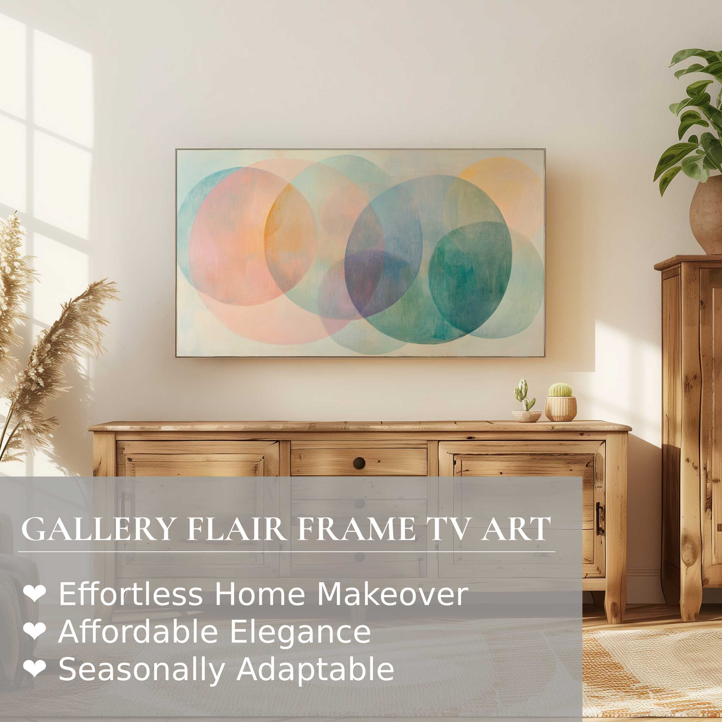 Samsung Frame TV showcasing modern digital artwork of soft overlapping circles in a warm, elegant living space