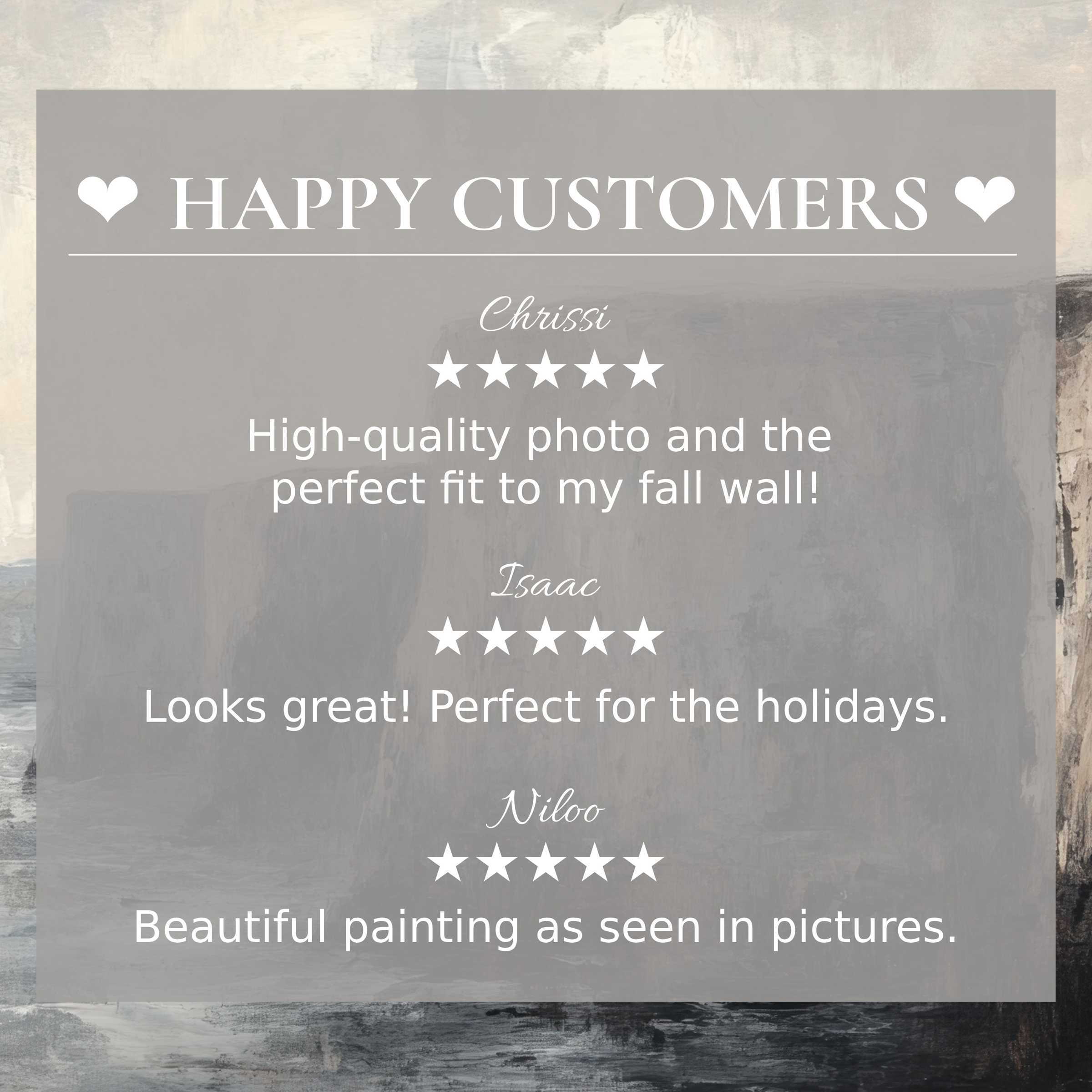 Elegant layout with positive reviews and abstract muted art backdrop, promoting vintage art for Frame TV and a happy customer
