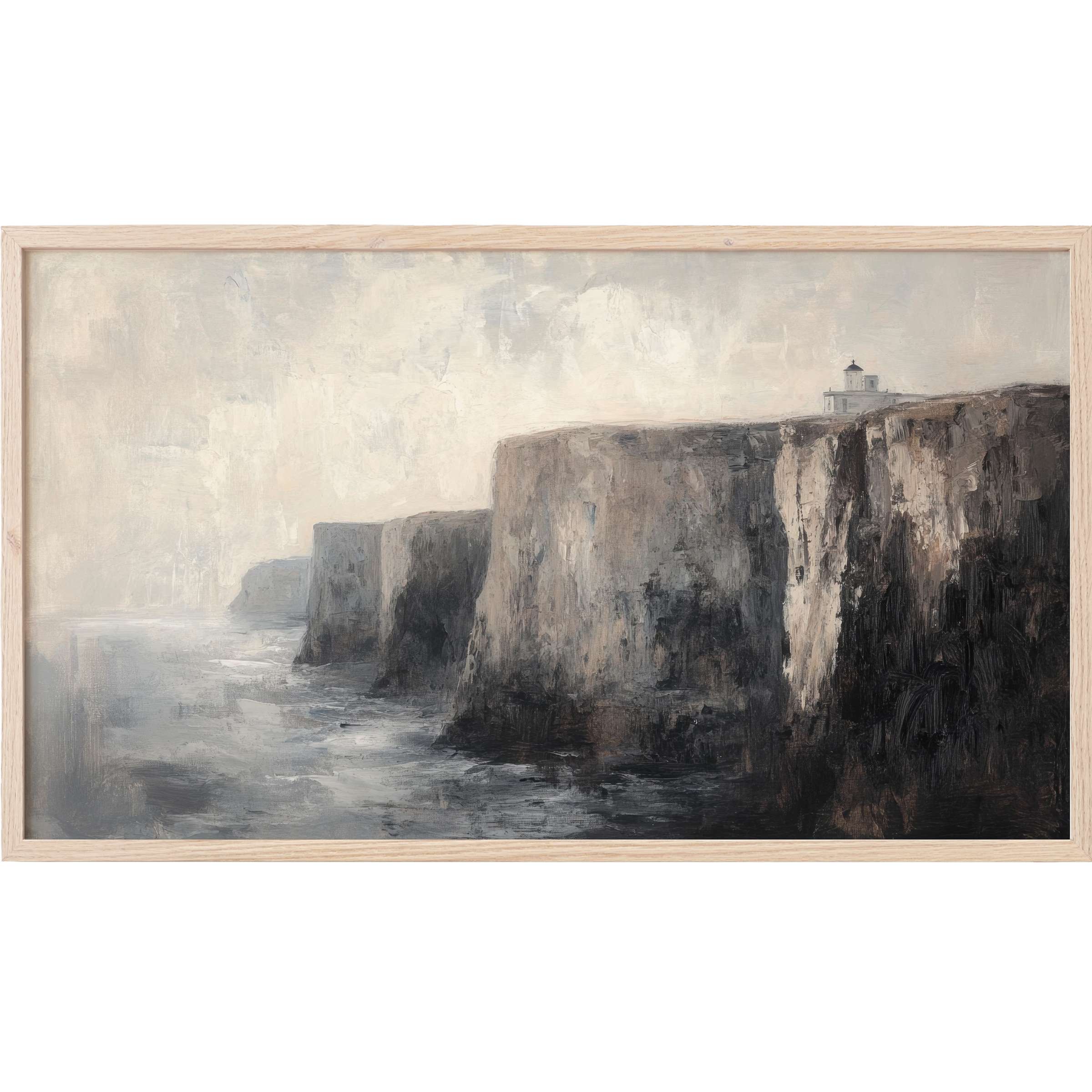 Moody coastal cliffs in muted grays and browns with a lighthouse, embodying vintage Frame TV Art elegance