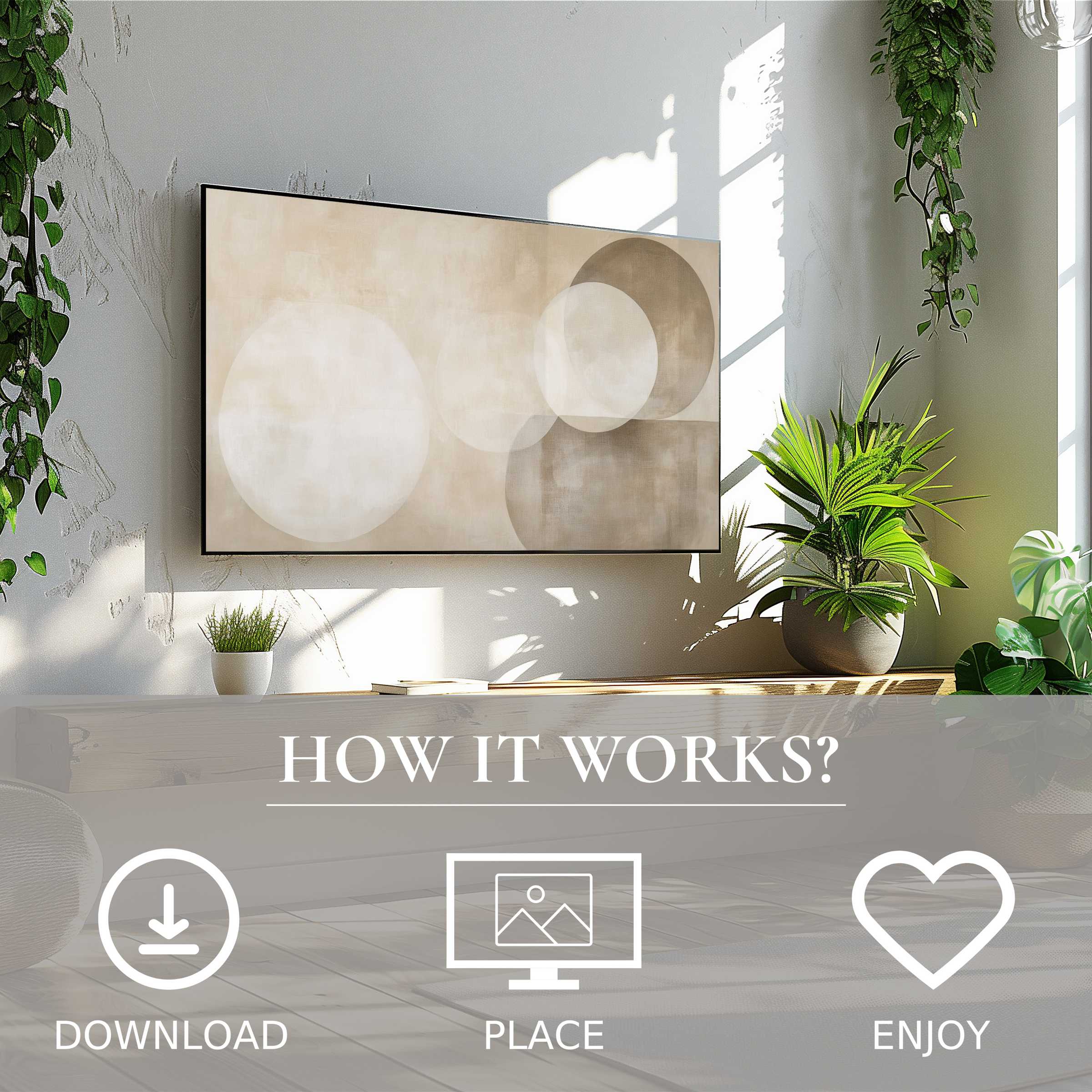Neutral art for Samsung TV shows soft beige circles, easy digital download, enriching minimalist living spaces with calm motifs