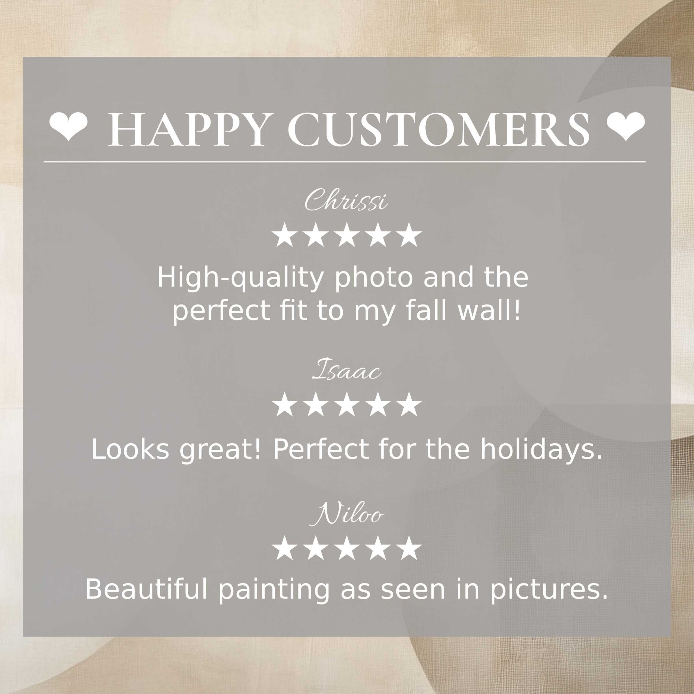 Neutral art for Frame TV with abstract beige tones, showcasing happy customer reviews and an elegant, trustworthy layout
