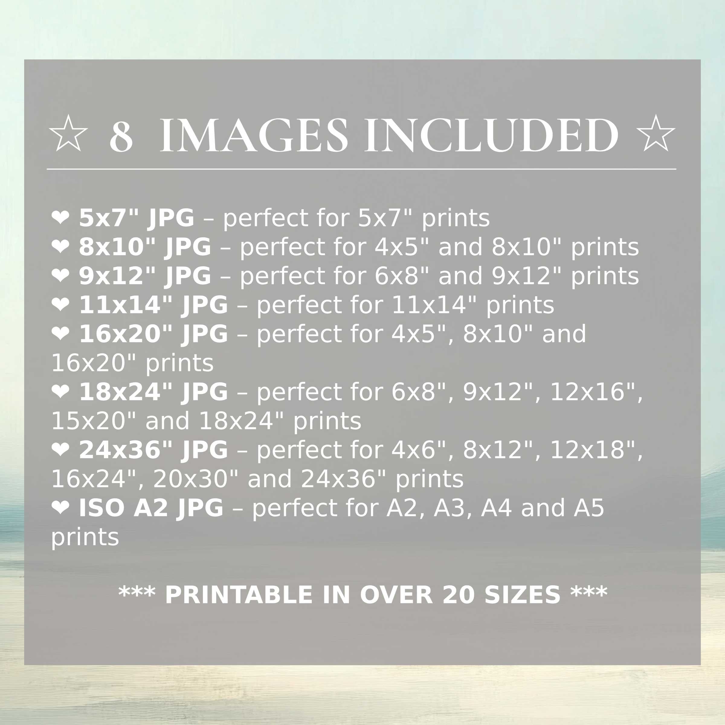 Landscape digital print radiates serene blues and soft neutrals, delivering calming elegance in 8 included high-quality sizes to elevate modern interiors with versatile style