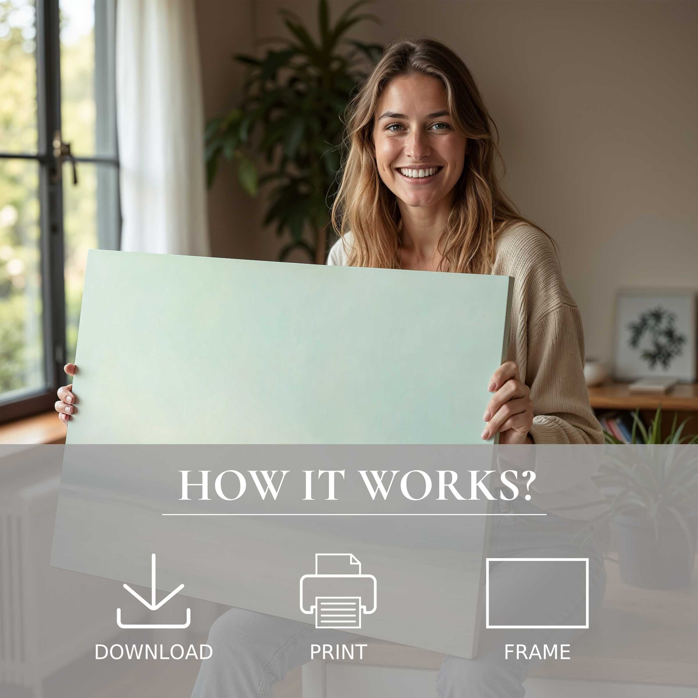 A joyful moment revealing a landscape digital art print, embodying the seamless elegance of living with art in a modern home