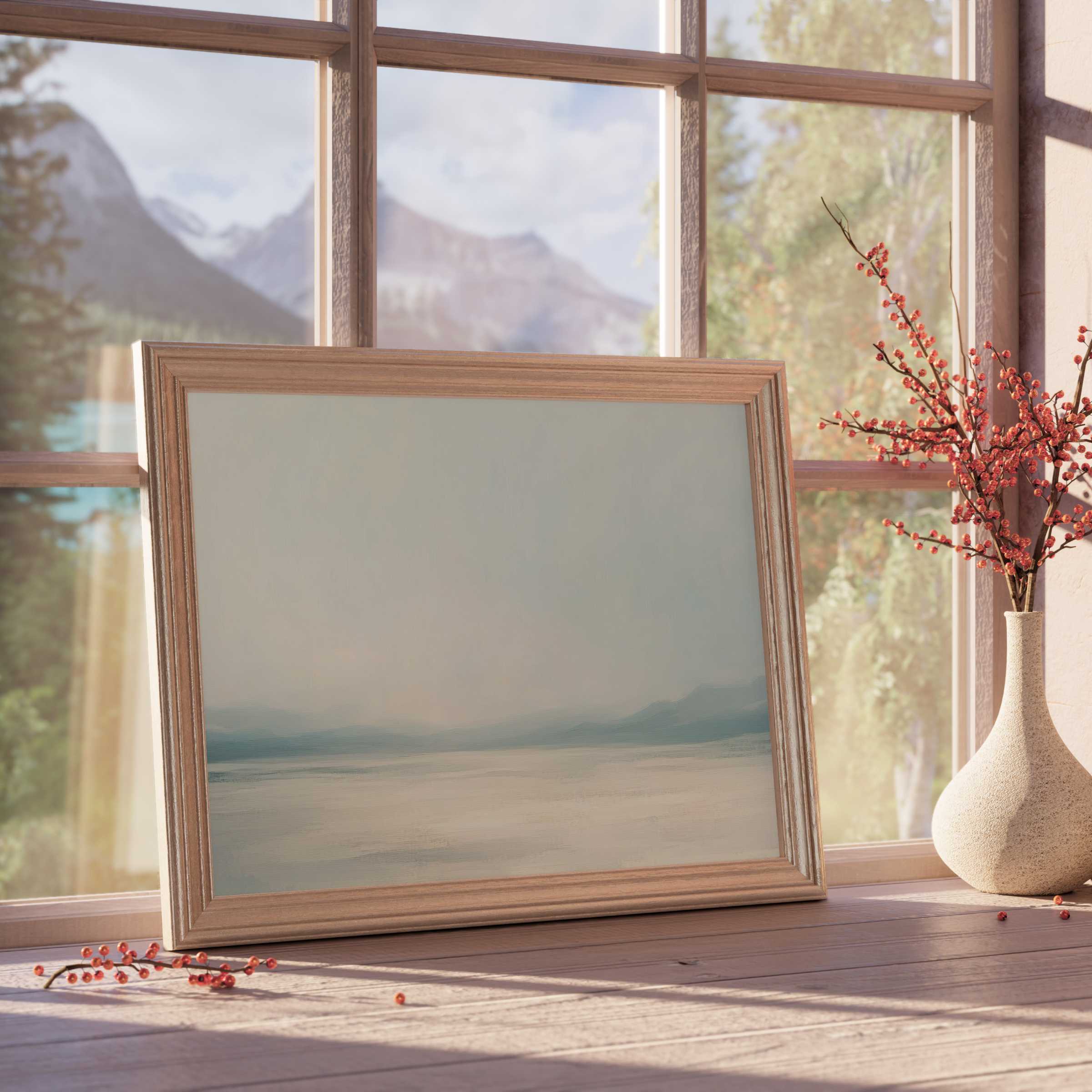 Serene landscape downloadable art in a light wood frame, elevating tranquil, curated interiors with soft hues and calming mountain vistas