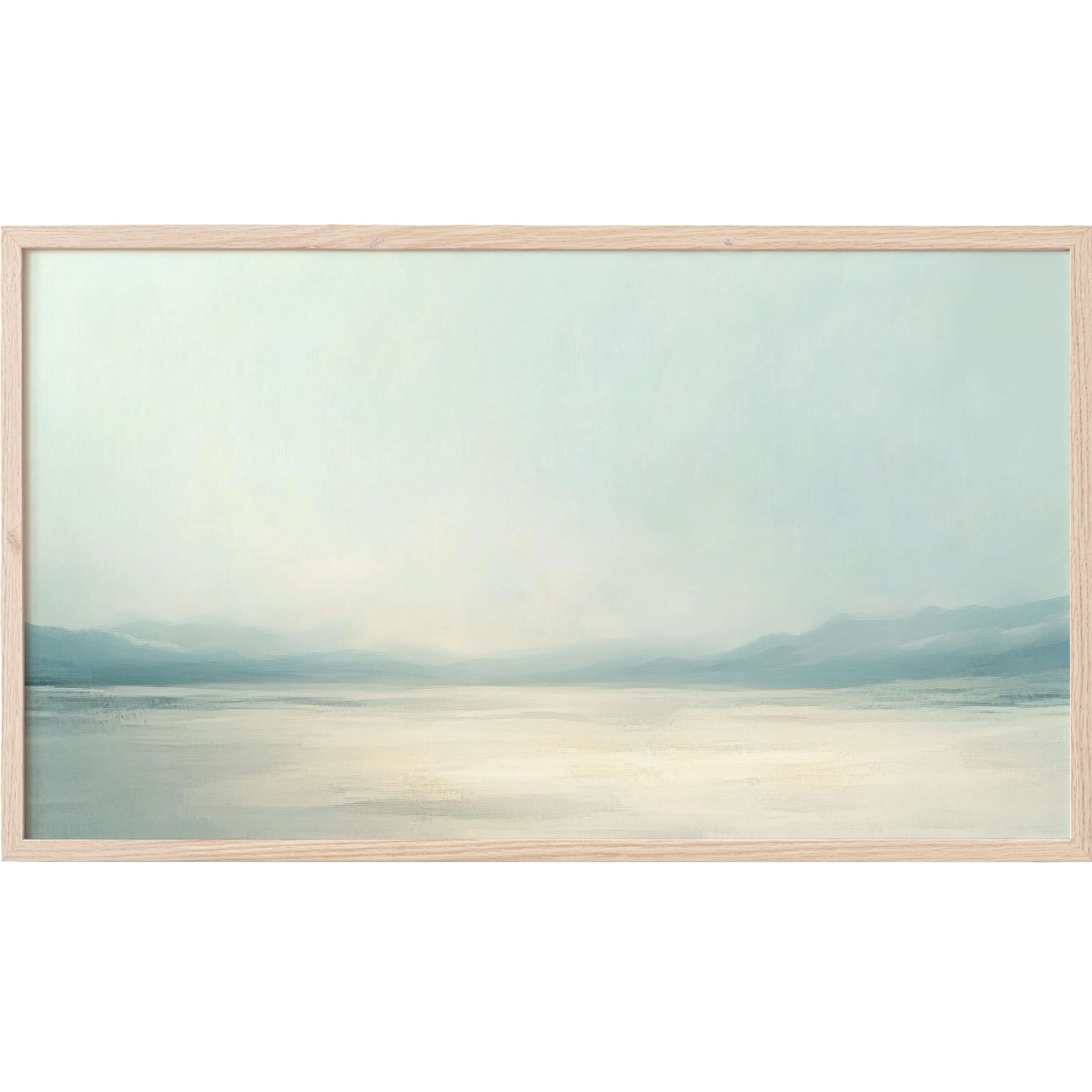Serene misty lake scene in soft blues and creams, framed in light wood, perfect landscape Frame TV Art