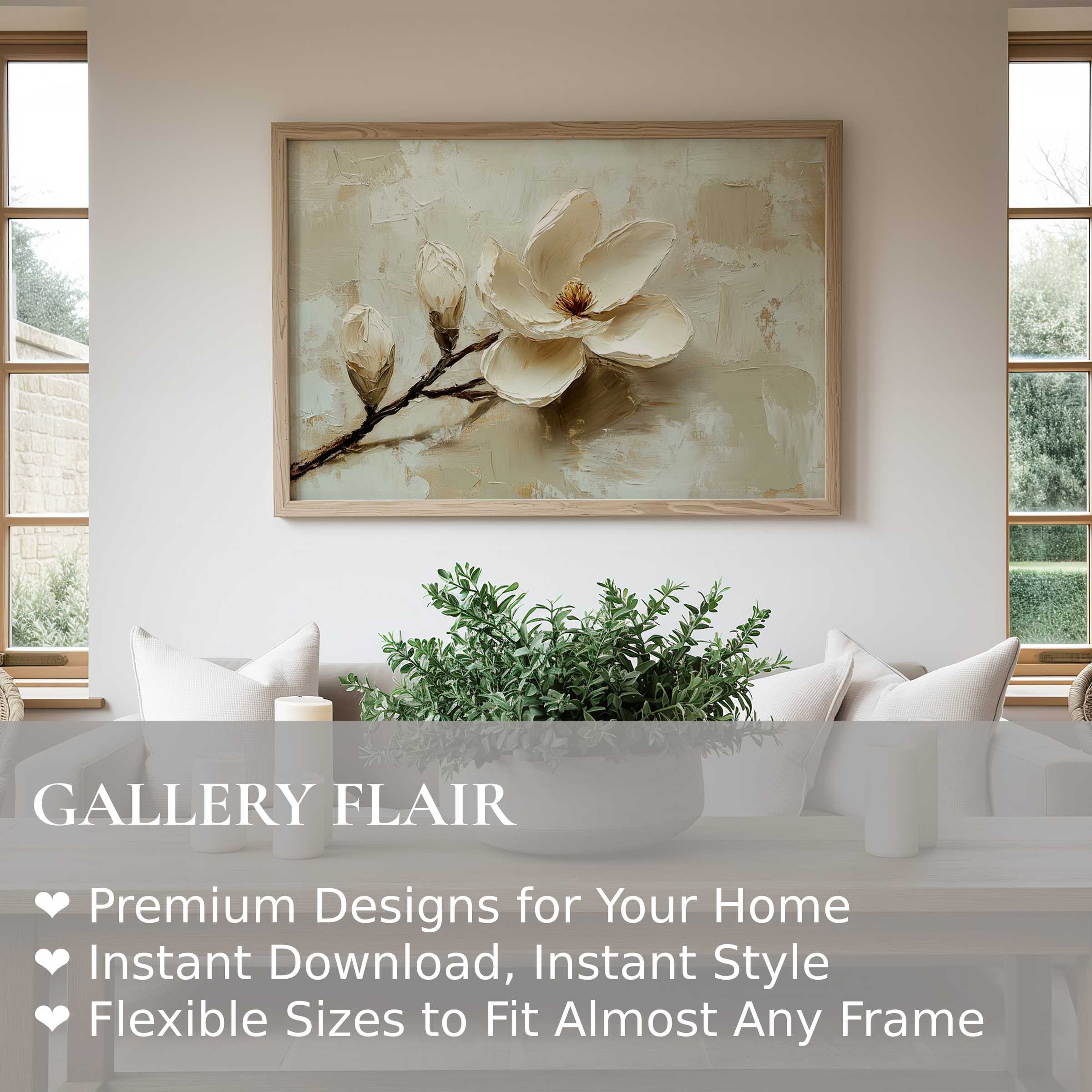 Elegant spring wall art print featuring textured magnolia blossoms in soft neutrals, enhancing serene, modern farmhouse interiors with refined natural beauty