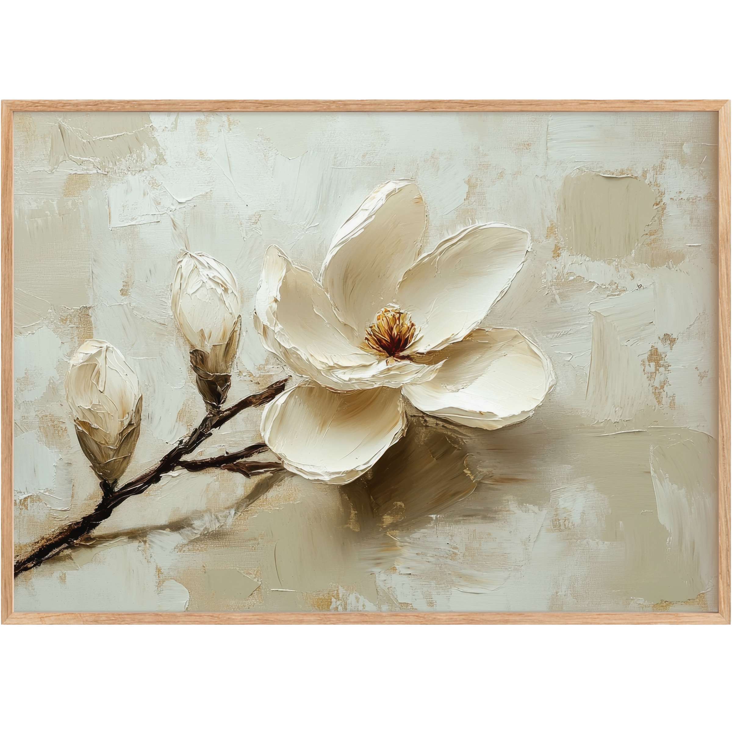 Elegant spring printable wall art featuring textured magnolia blooms in soft creams and warm taupes, creating a serene, refined ambiance