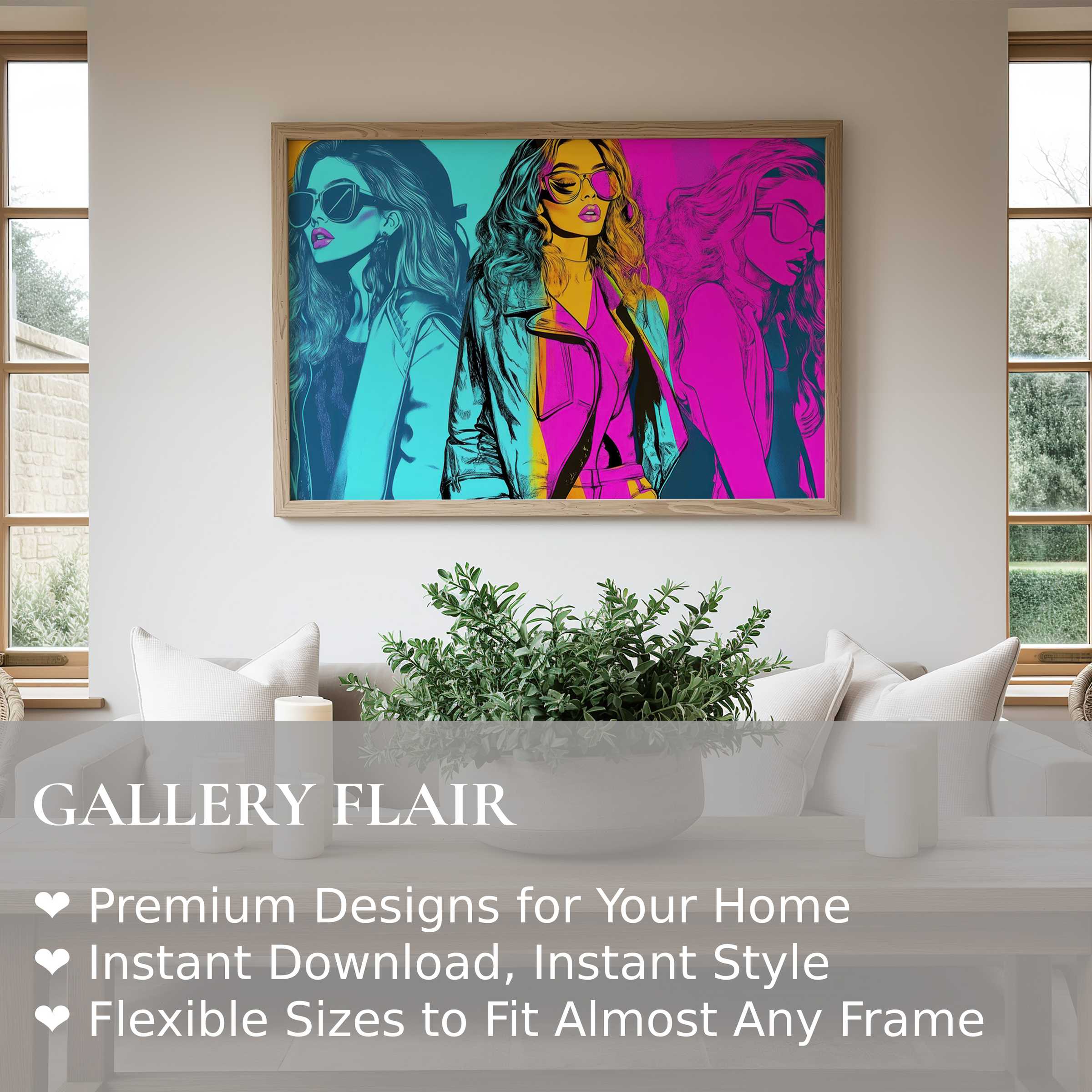 Vibrant pop art wall art print featuring bold, stylish portraits in teal and magenta tones elevates a chic, contemporary living space with dynamic energy and modern elegance
