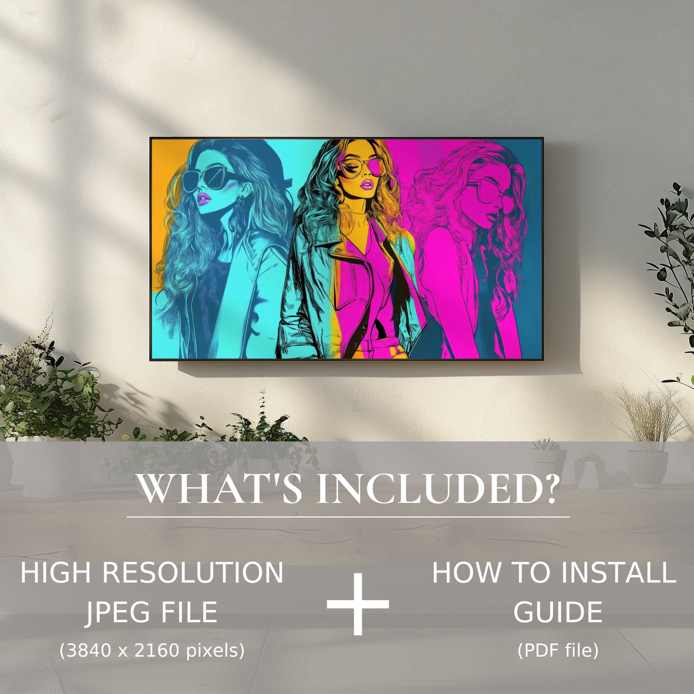 Modern living space with vibrant pop art digital TV art download, easy to use and elevates your decor instantly