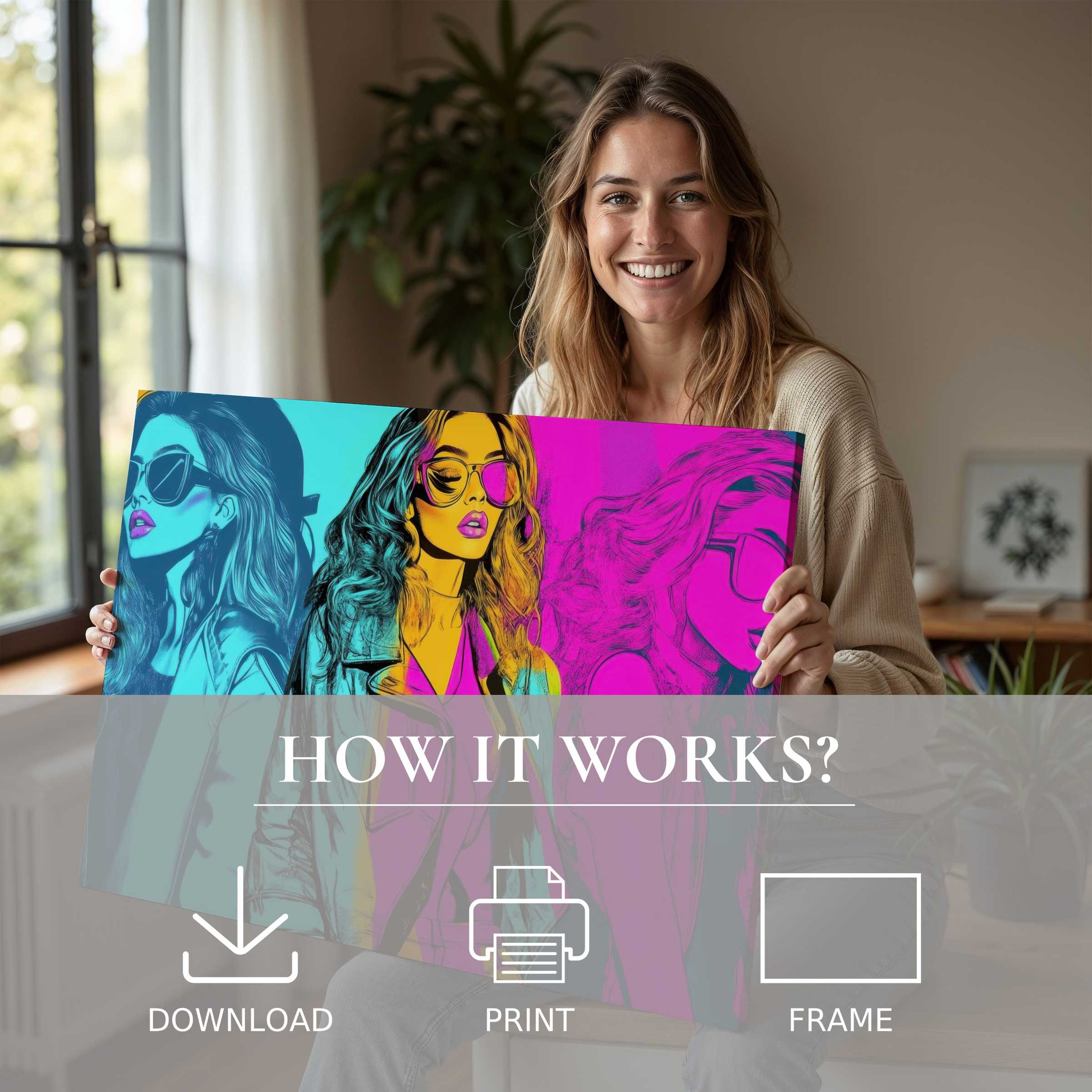 Elegant pop art digital art print infuses vibrant joy and modern style, transforming serene living spaces with effortless beauty
