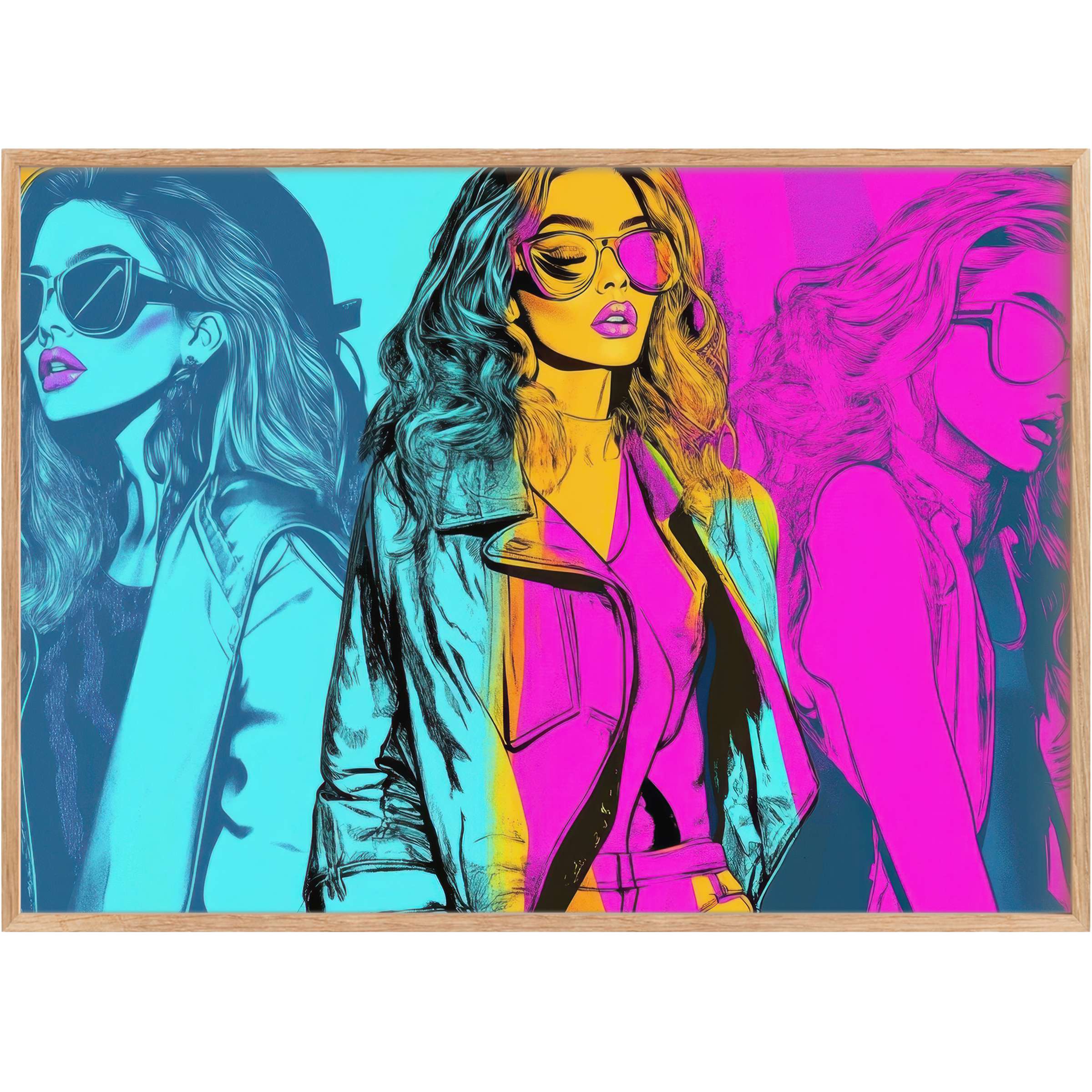 Vibrant pop art printable wall art featuring confident women in bold cyan, magenta, and yellow hues, radiating edgy glamour